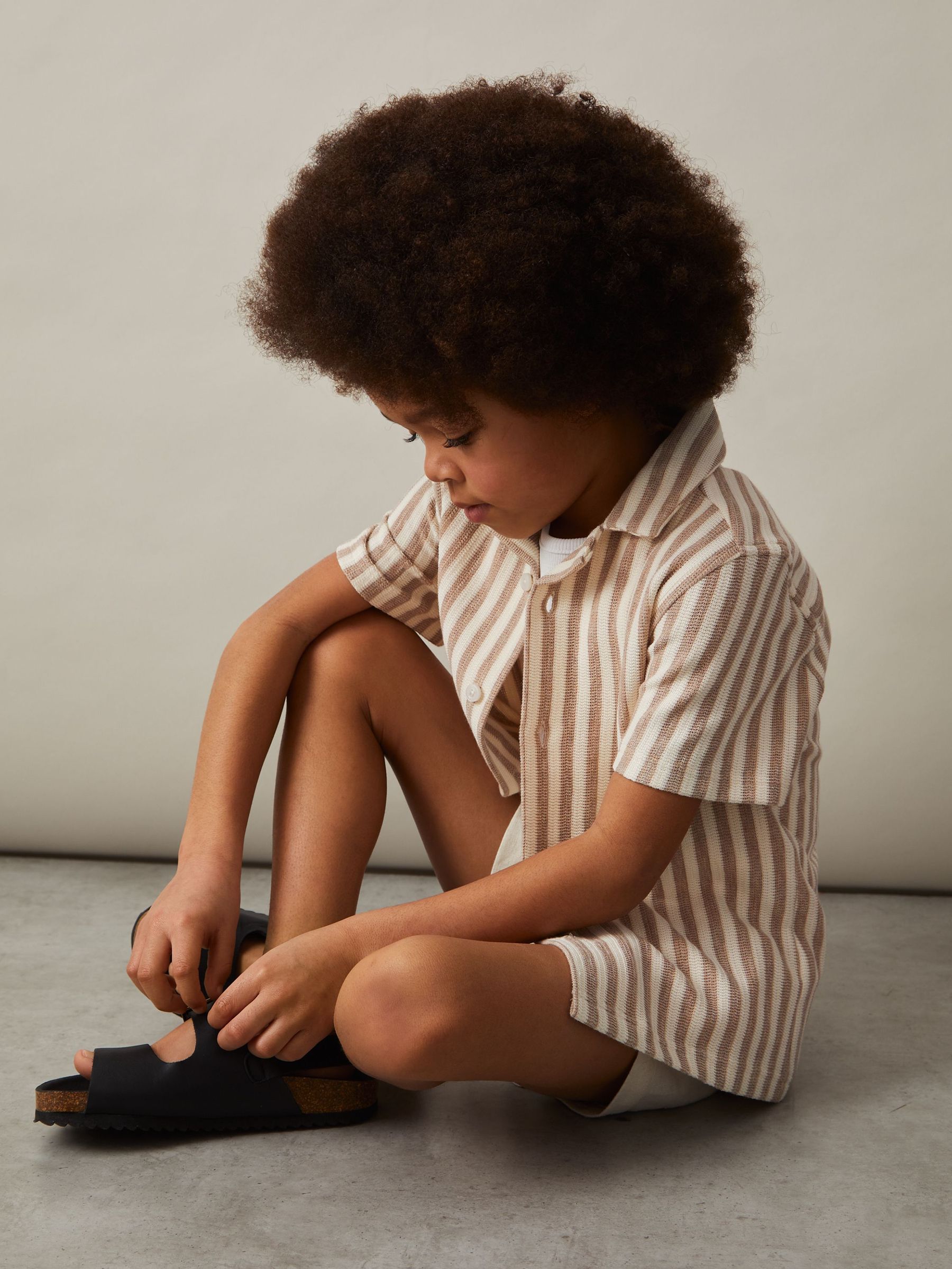 3-9 yrs Textured Stripe Cuban-Collar Shirt in Stone/White (F18252) | $60