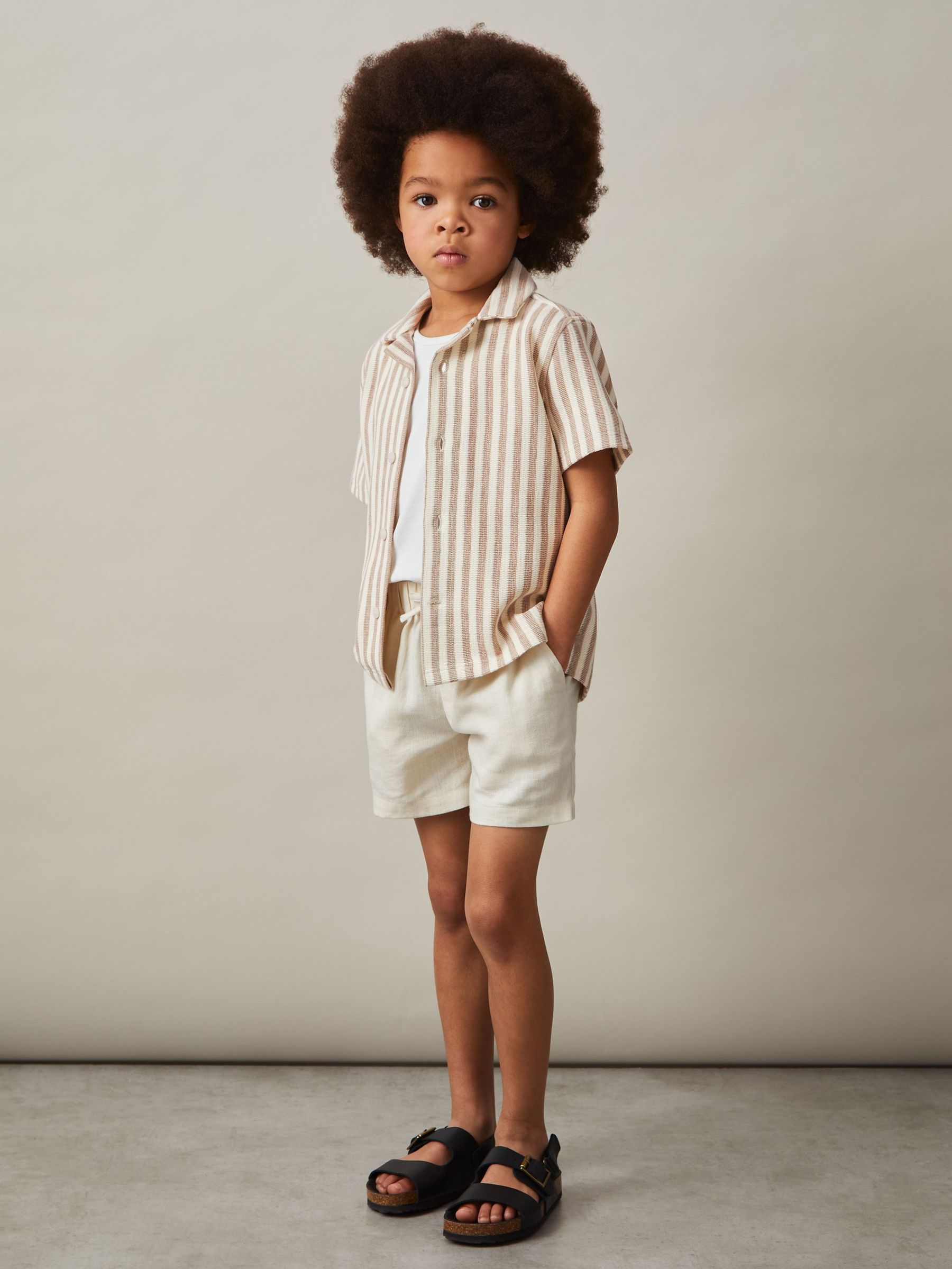 9-13 yrs Textured Stripe Cuban-Collar Shirt in Stone/White (F18253) | US$60
