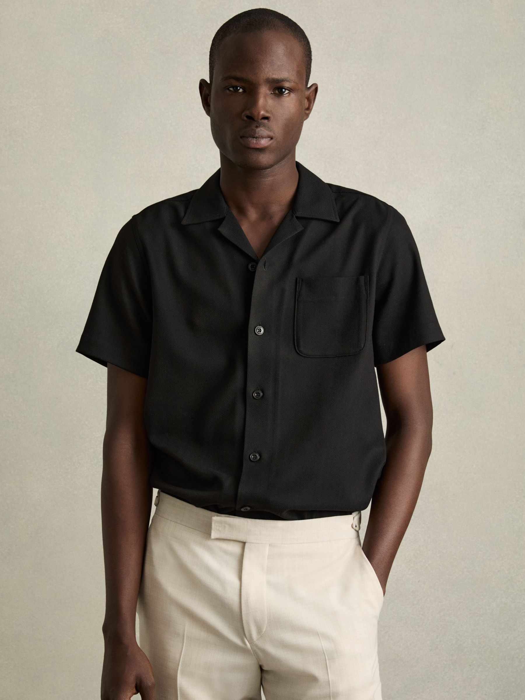 Herringbone Twill Cuban Collar Short Sleeve Shirt in Black (F18257) | US$180