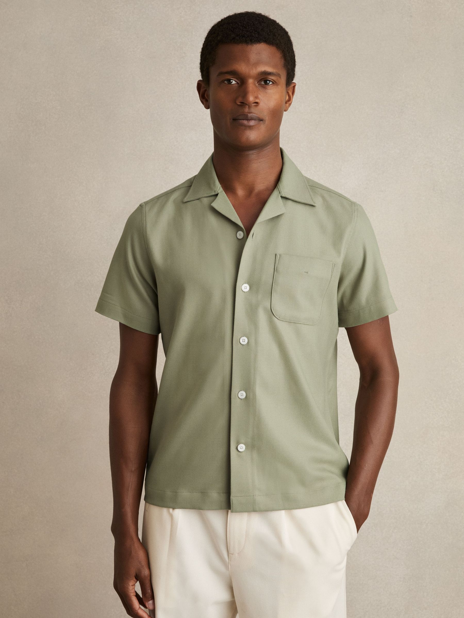 Herringbone Twill Cuban Collar Short Sleeve Shirt in Sage Green (F18262) | €145