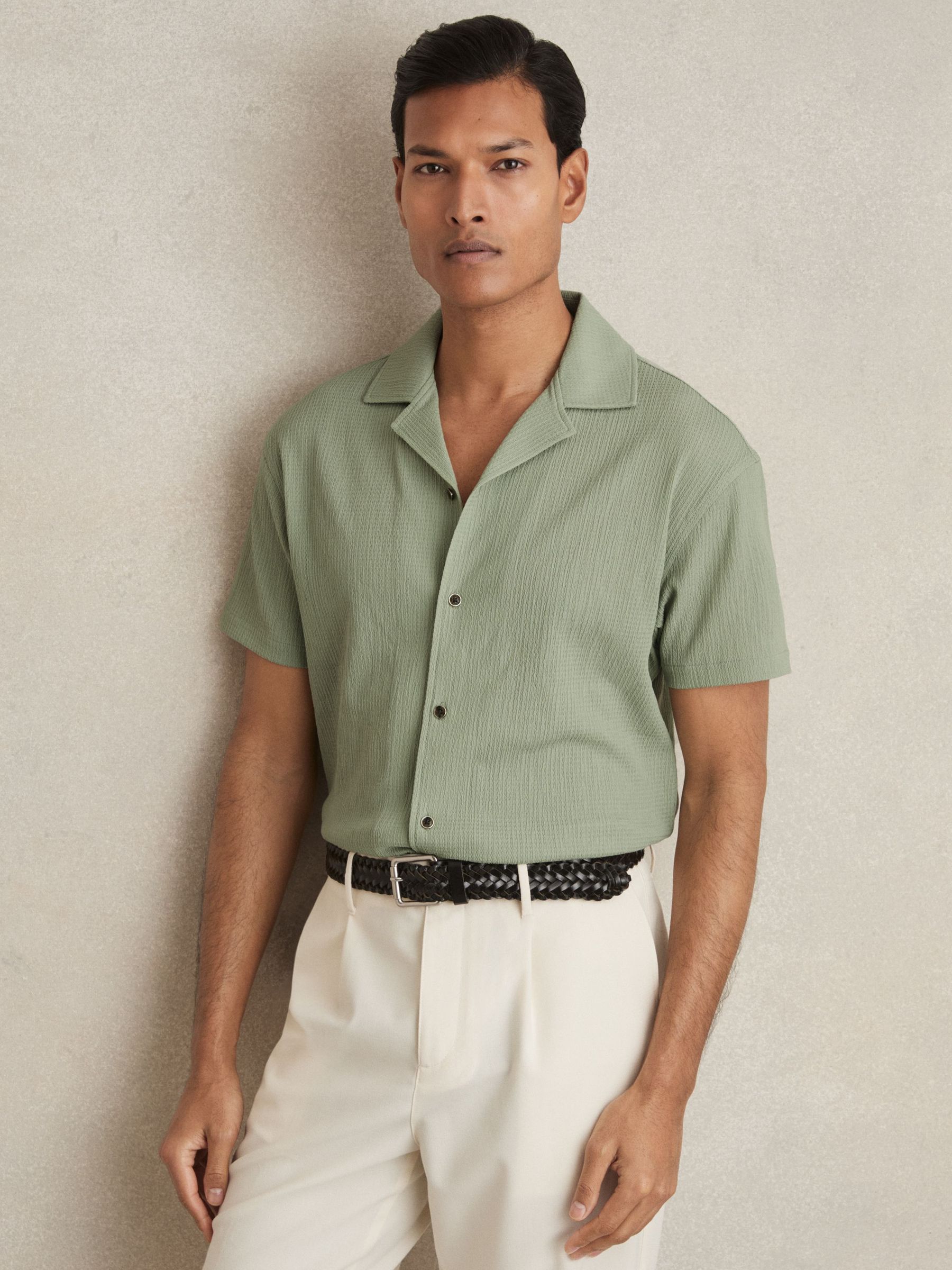 Textured Cuban Collar Shirt in Sage Green (F18304) | €95