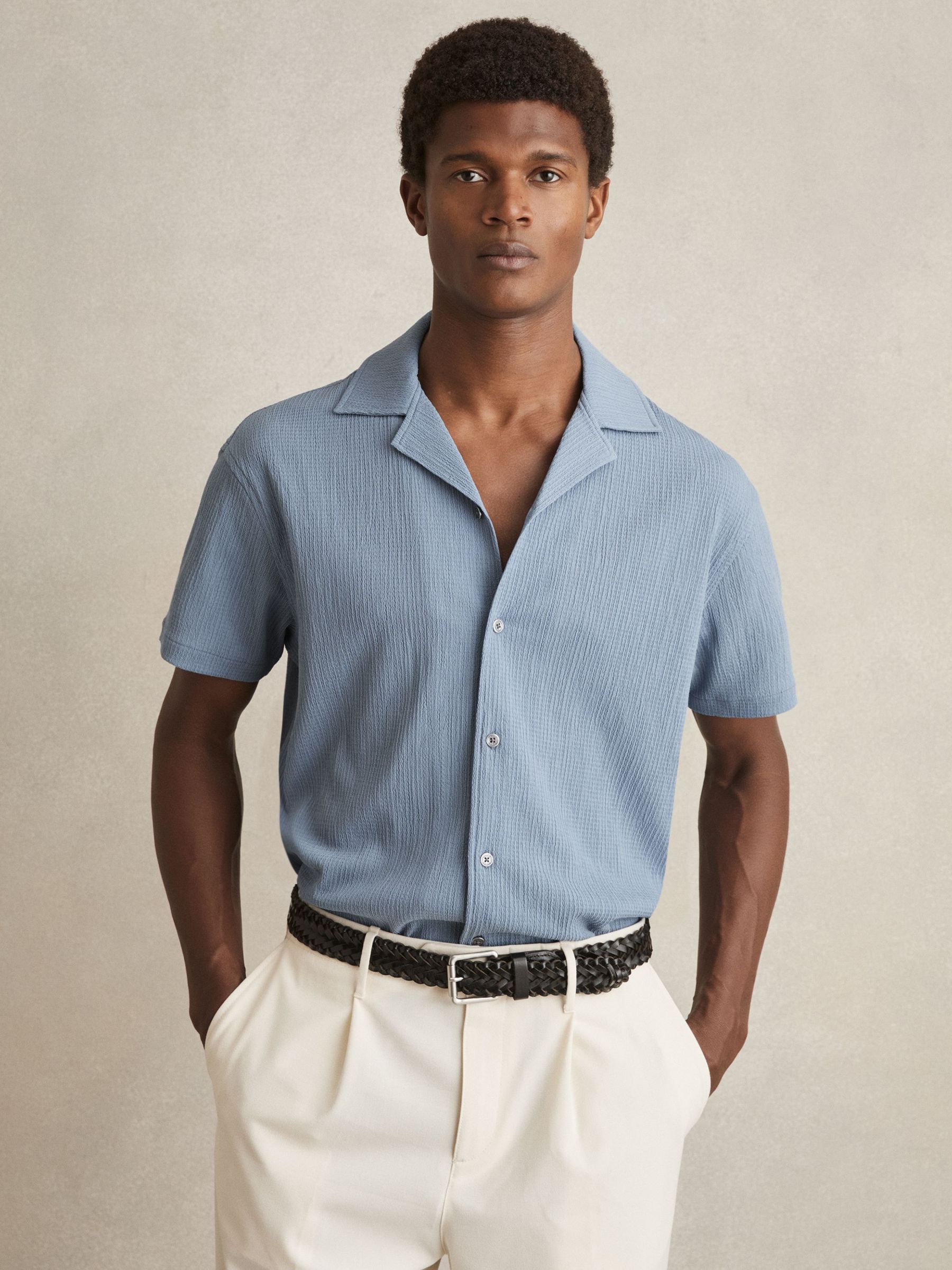 Textured Cuban Collar Shirt in Soft Blue (F18313) | US$110