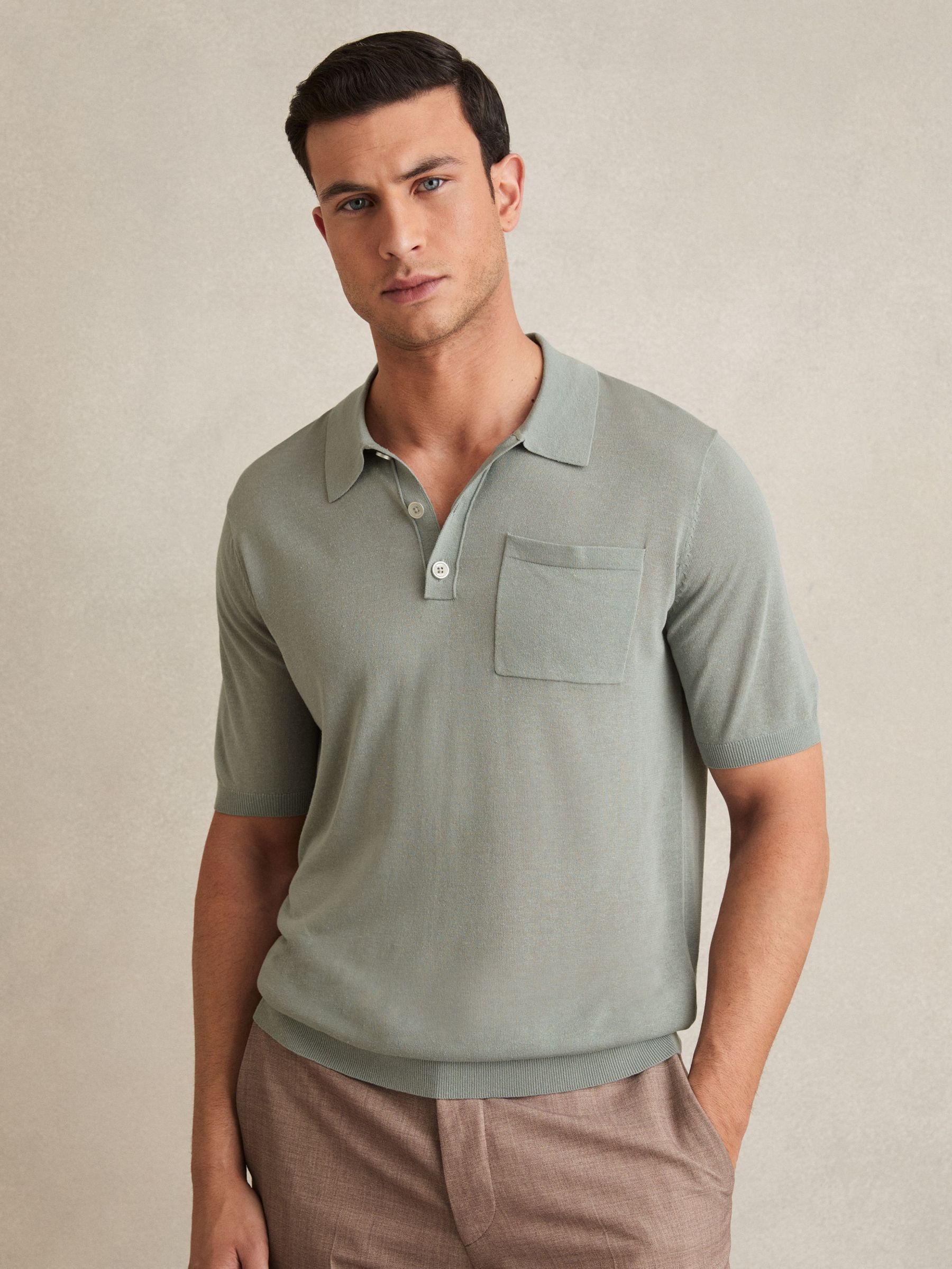 Patch Pocket Knit Polo Shirt in Sage (F18349) | €95