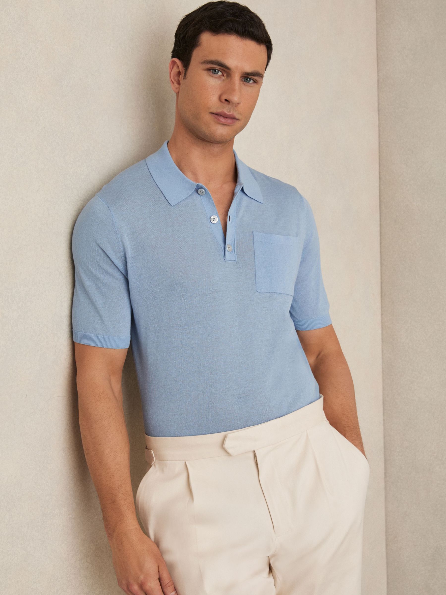 Patch Pocket Knit Polo Shirt in Mid Blue (F18352) | US$125