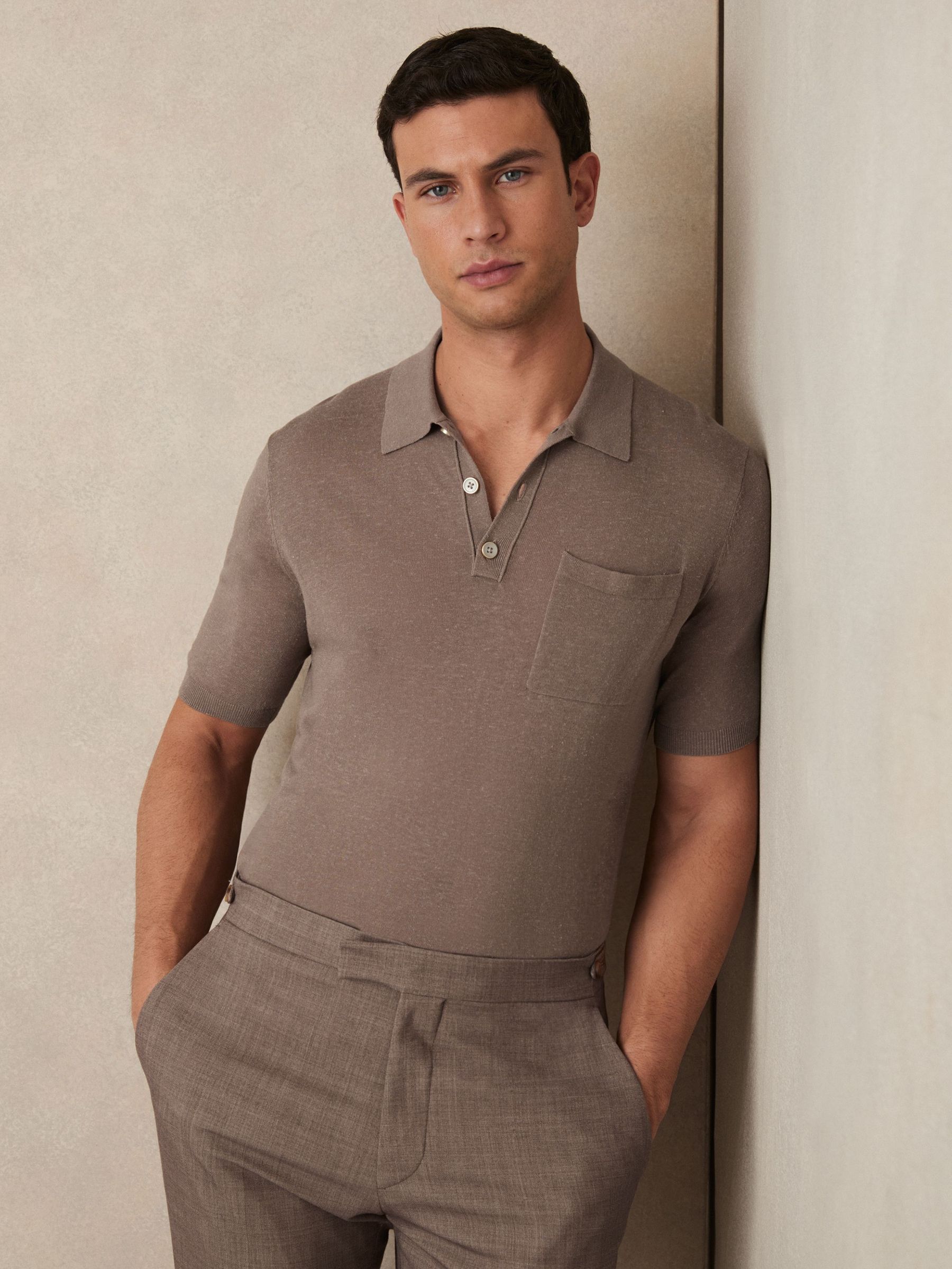 Patch Pocket Knit Polo Shirt in Mink Brown (F18354) | €95