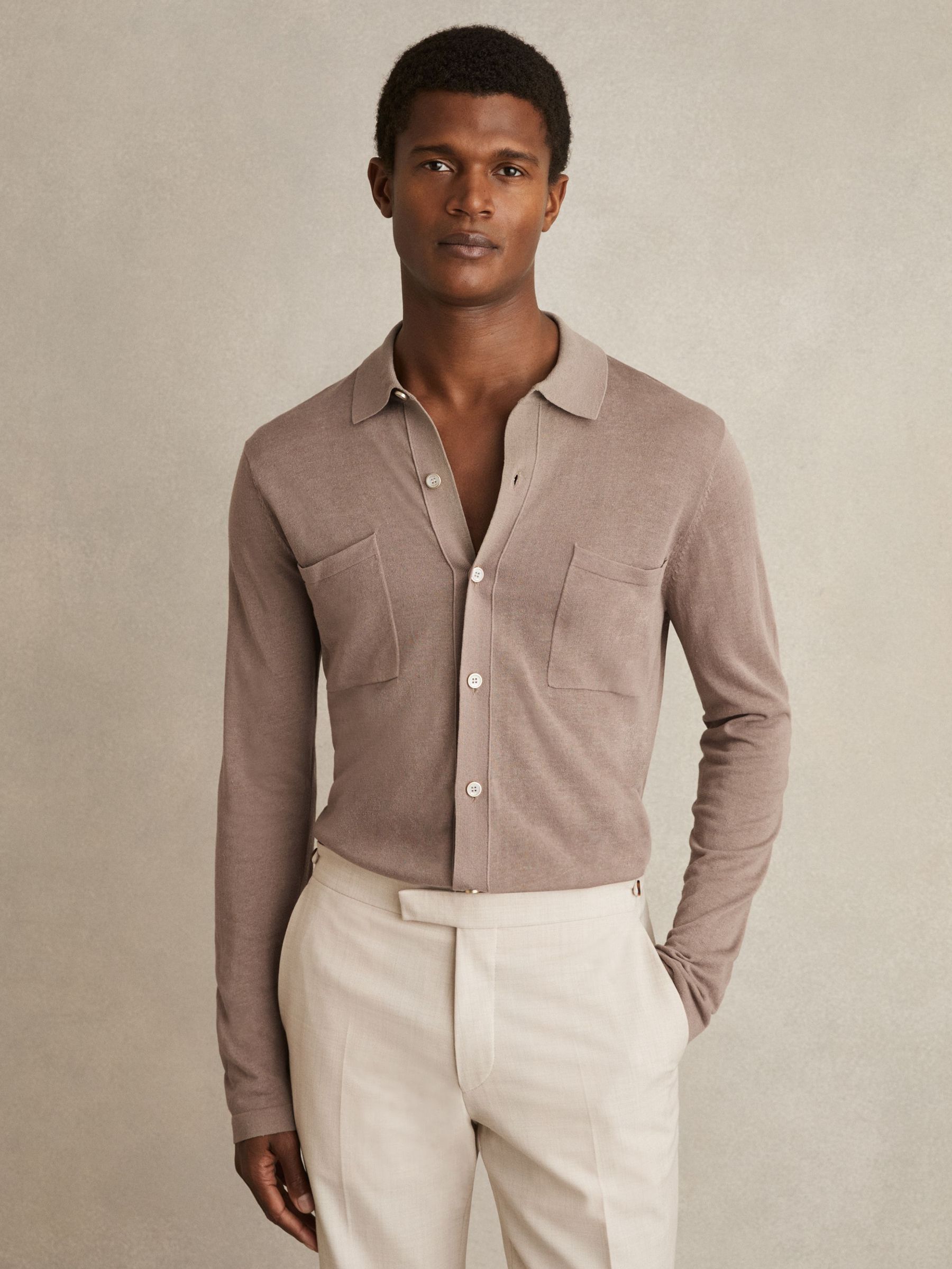 Button-Through Knit Shirt With Linen in Taupe Brown (F18355) | US$160