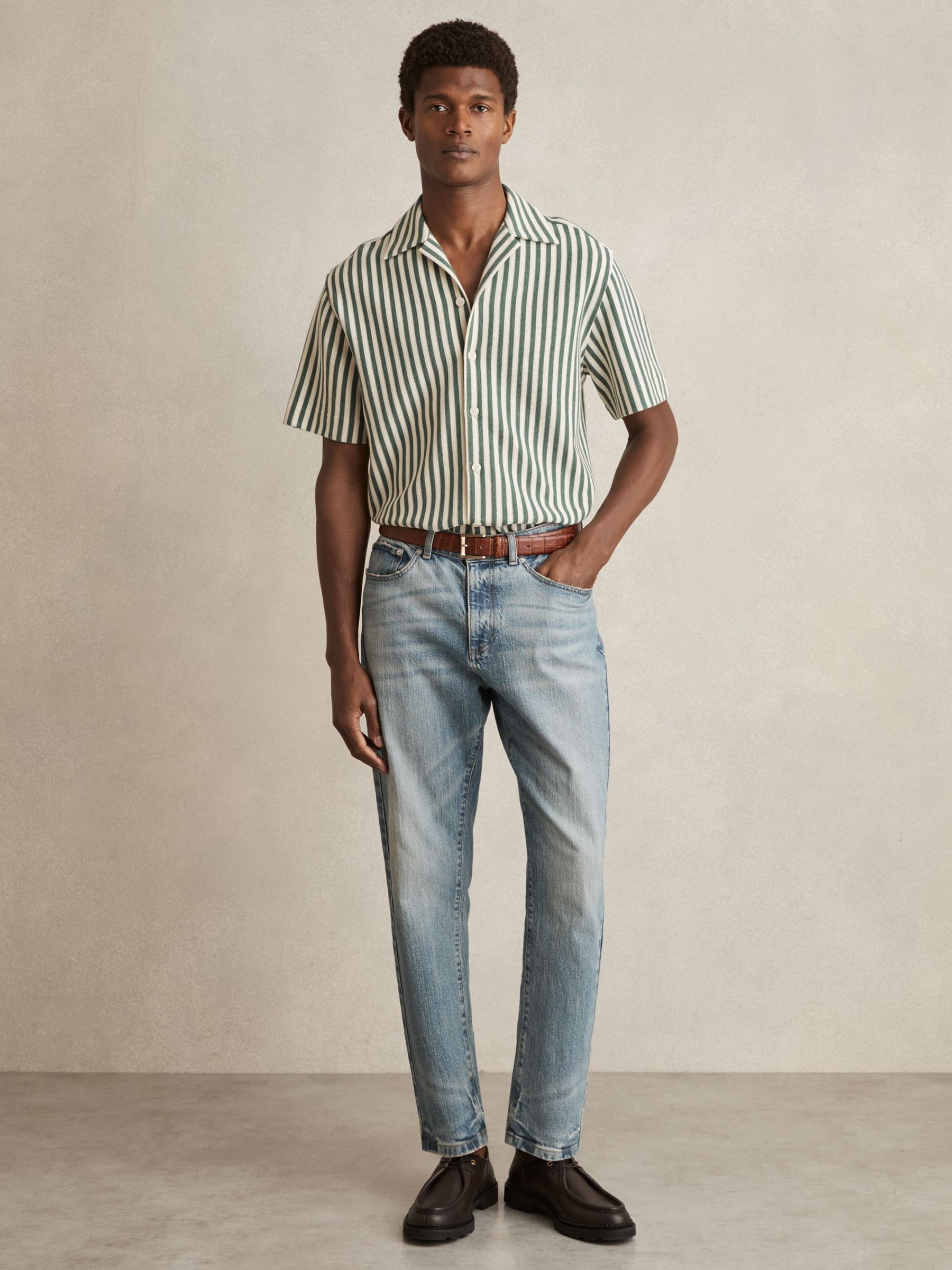 Textured Stripe Cuban-Collar Shirt in Green/White (F18360) | €140