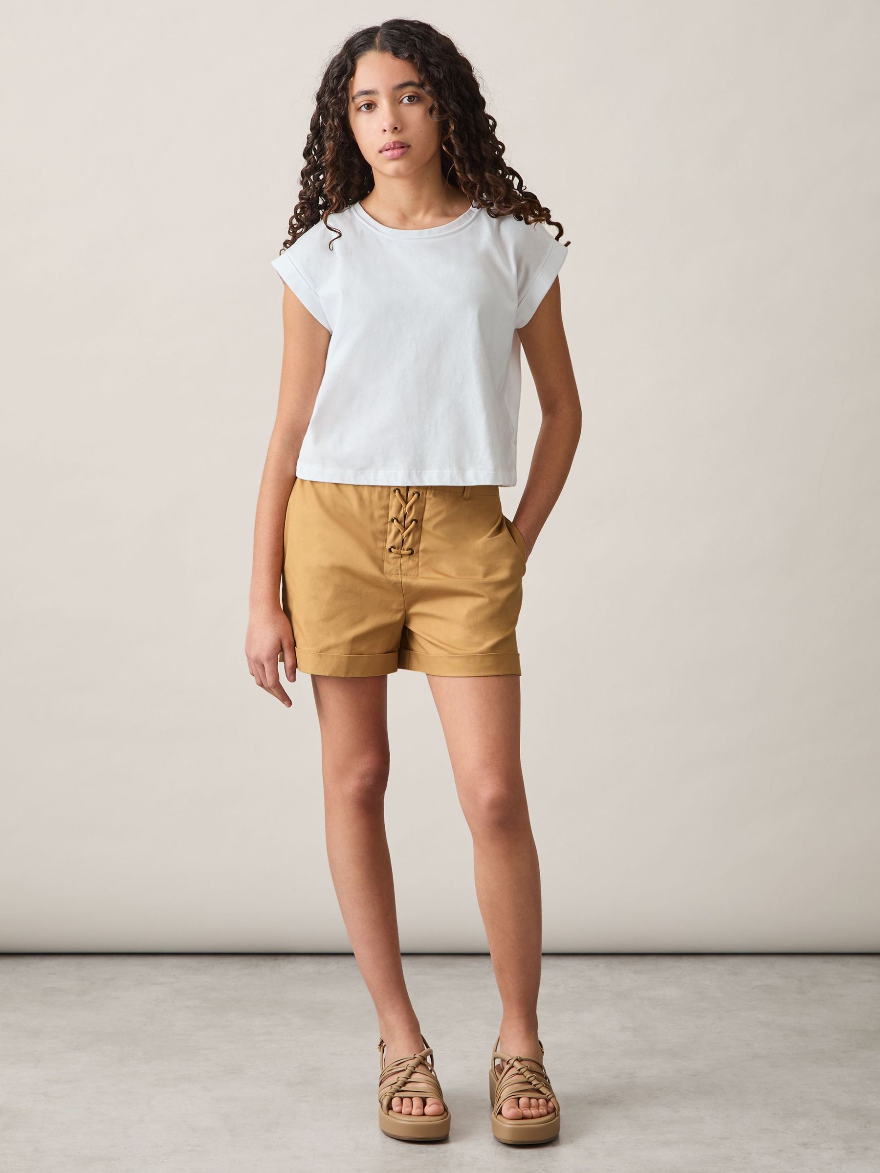 Cotton Lace-Up Shorts in Tan (F19664) | US$70