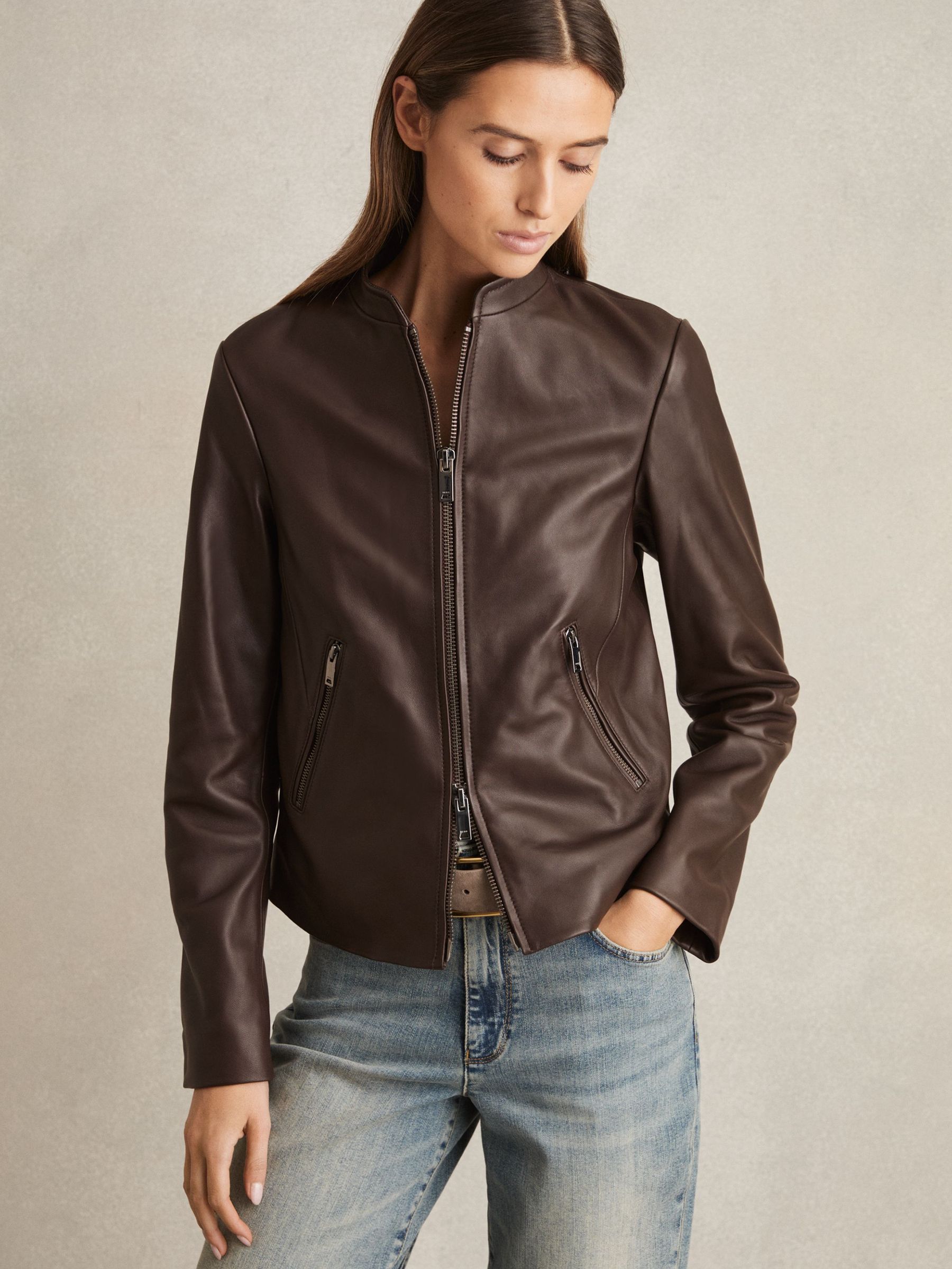 Leather Collarless Biker Jacket in Chocolate Brown (F19673) | €470