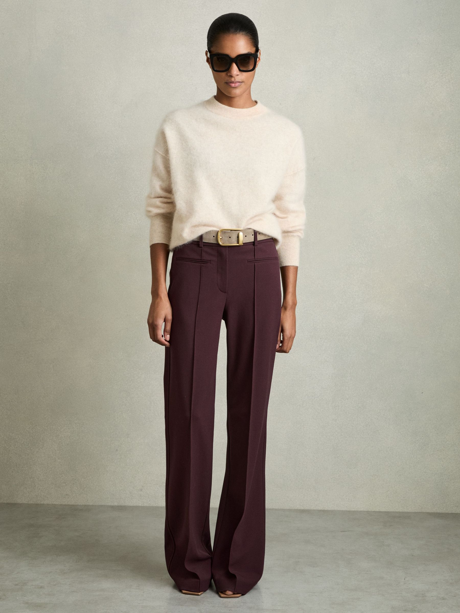 High Rise Flared Trousers in Burgundy (F20245) | US$245