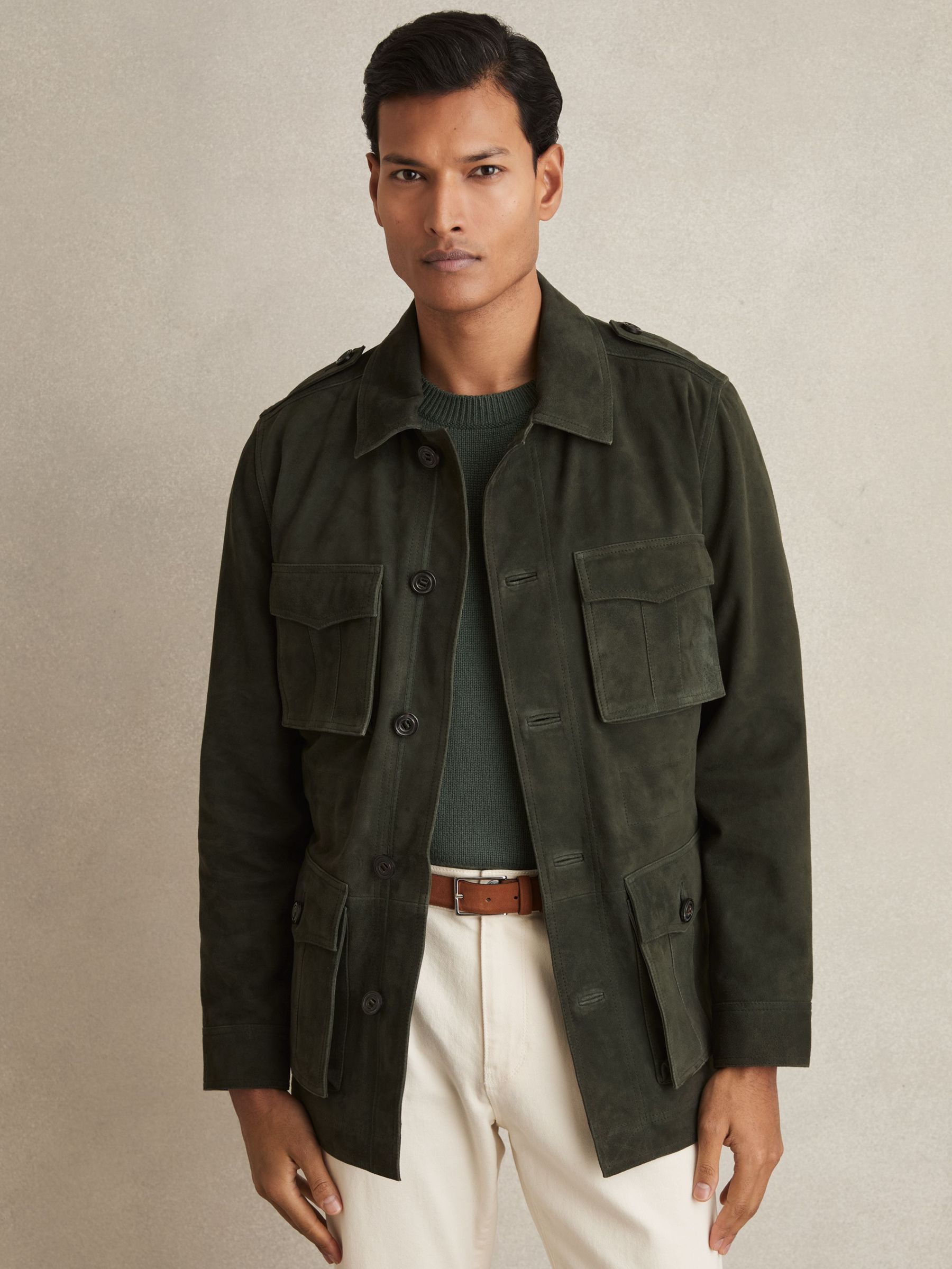 Suede Four Pocket Field Jacket in Dark Forest Green (F20701) | US$830