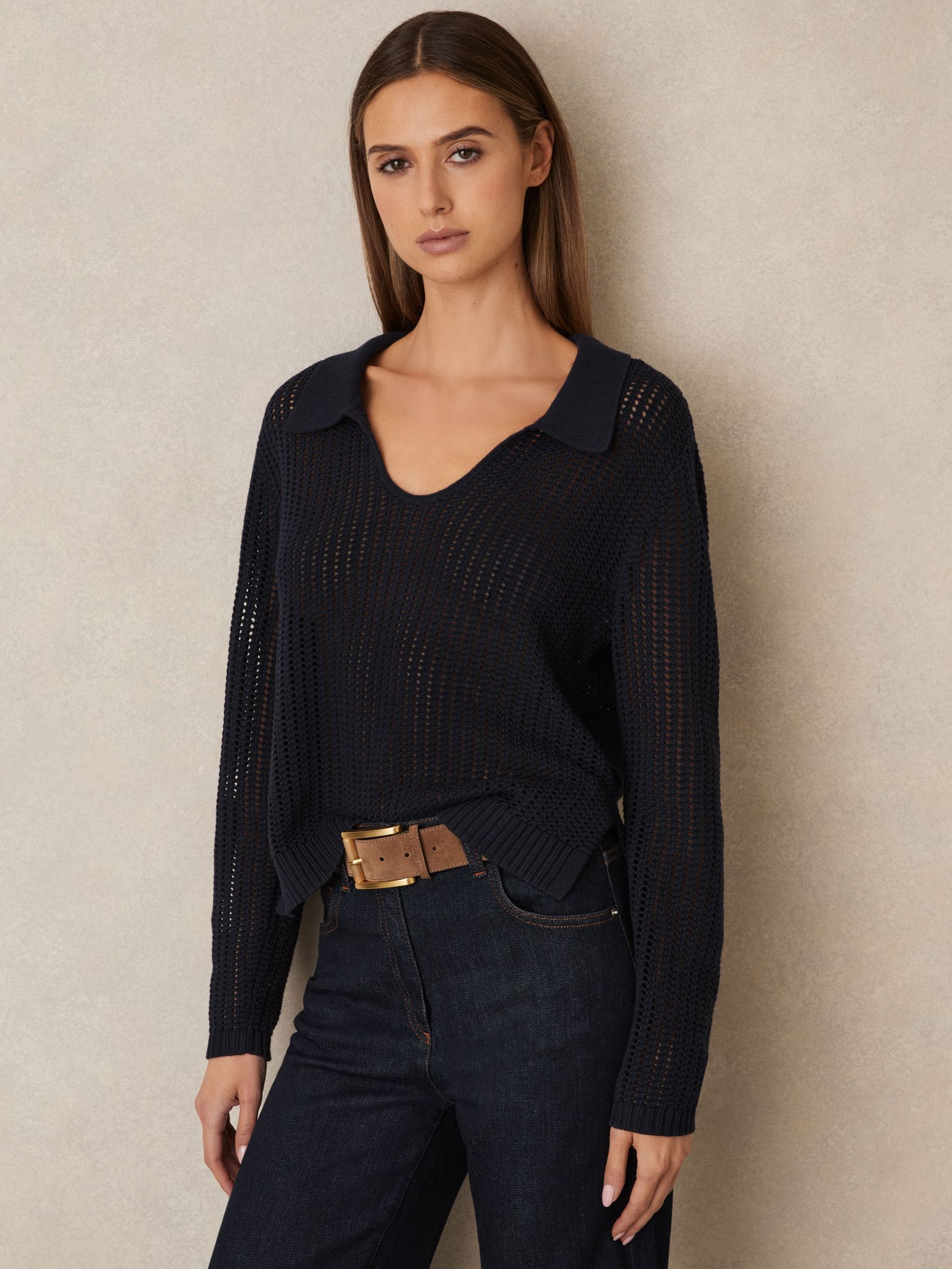 Cotton Blend Open Collar Jumper in Navy (F22209) | US$225