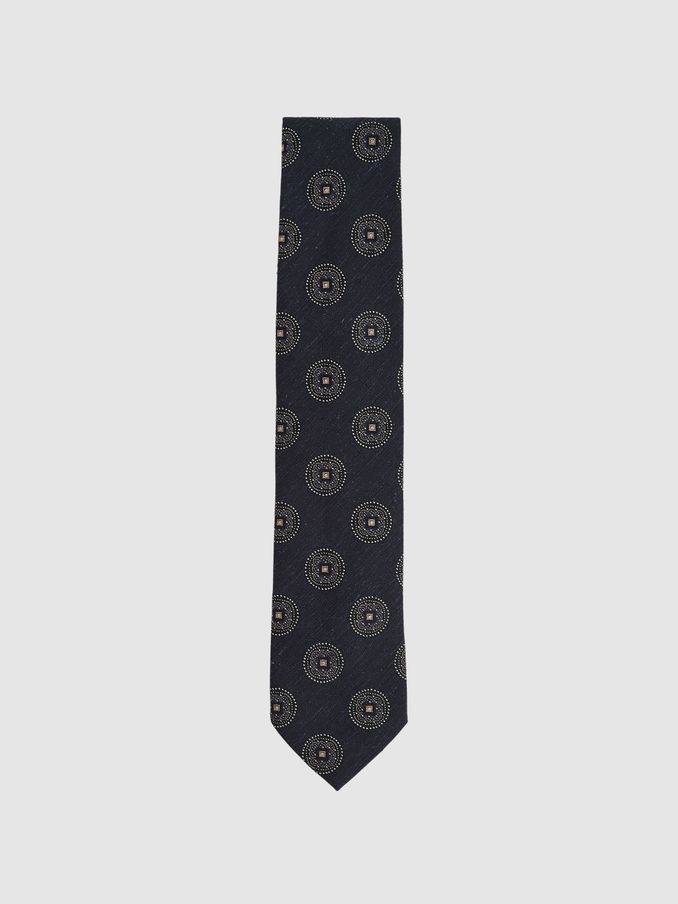 Silk Blend Tie with Medallion Pattern in Navy (F22229) | US$95