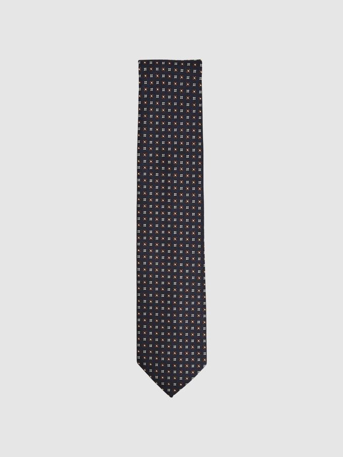 Foulard Silk Blend Floral Print Tie in Navy/Tobacco (F22231) | €85