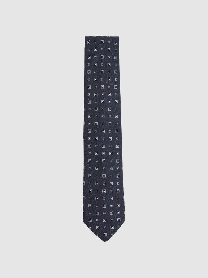 Foulard Silk Blend Tie with Medallion Pattern in Navy (F22233) | US$95