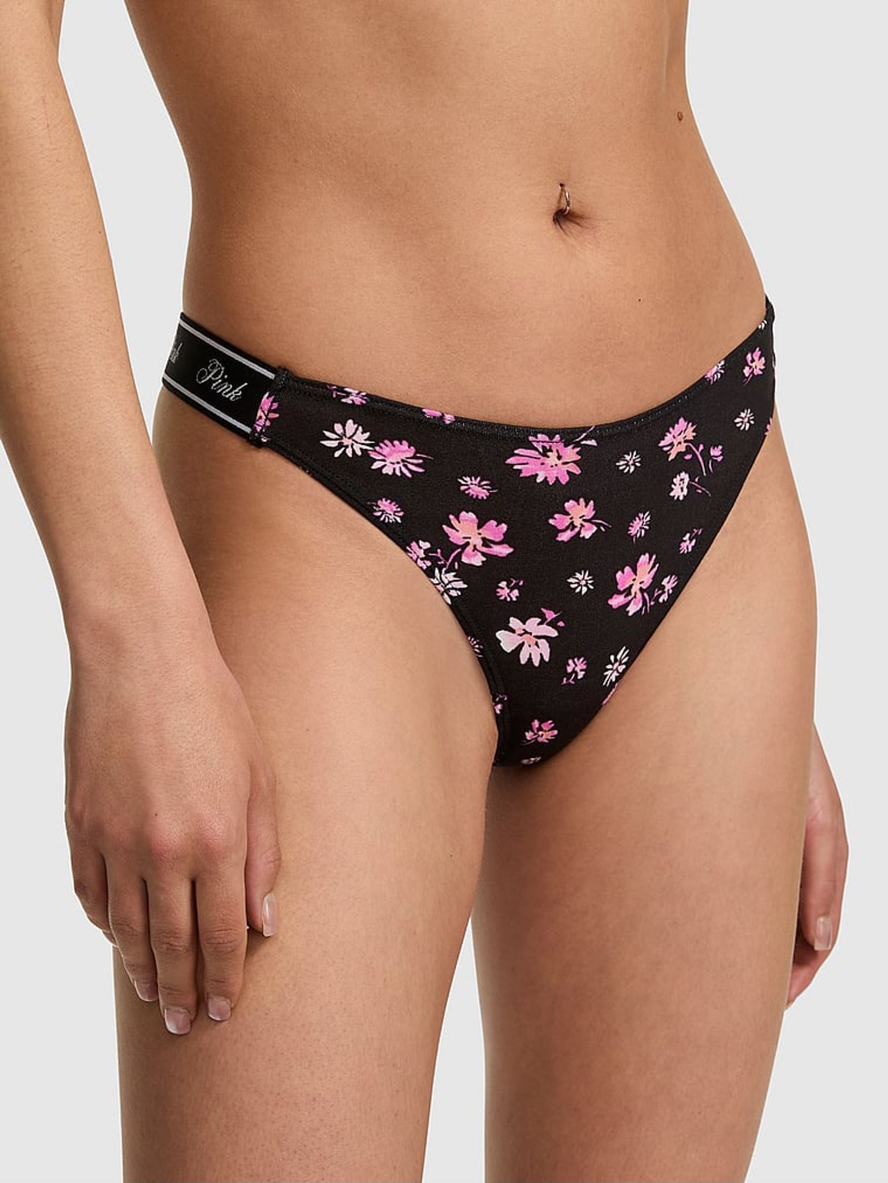 Black Ditsy Floral Print Thong Cotton Logo Knickers (F22596) | €10.50