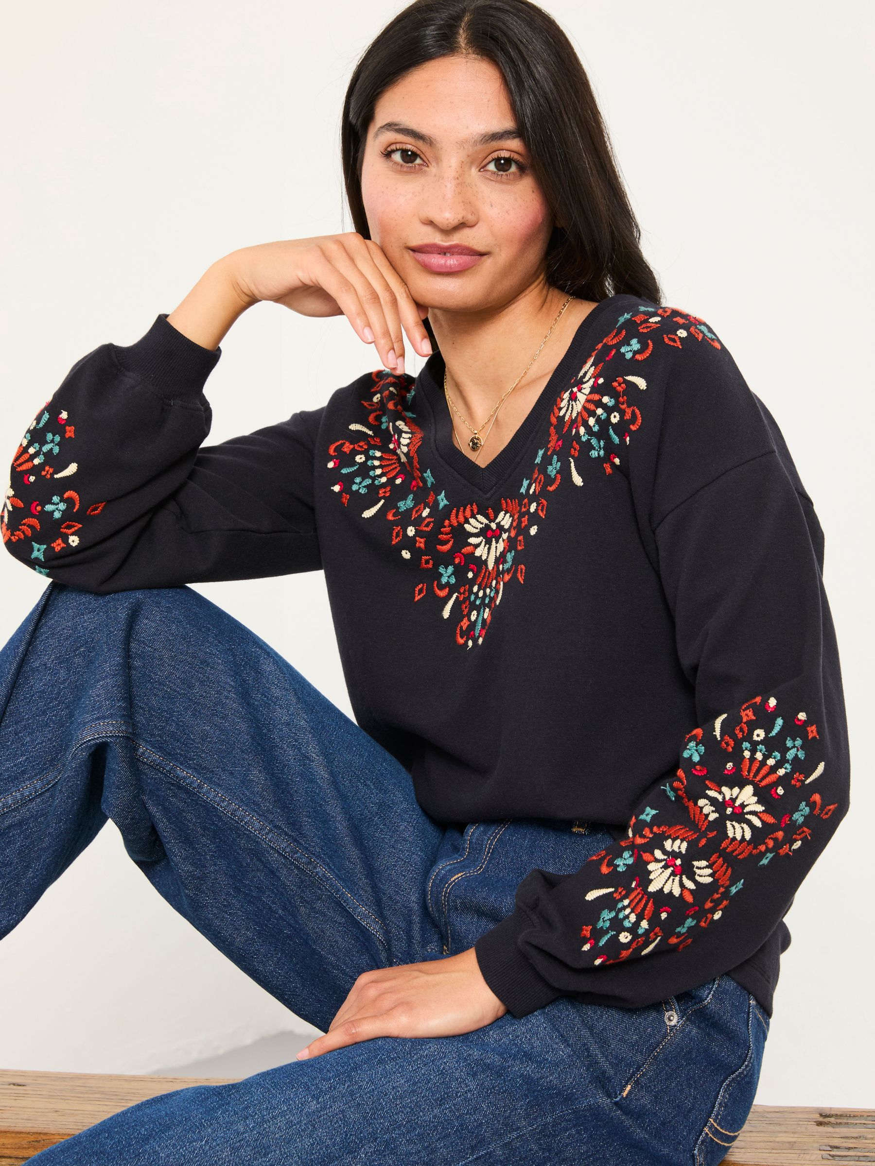 Black Embroidered V Neck Sweatshirt (F22976) | $83