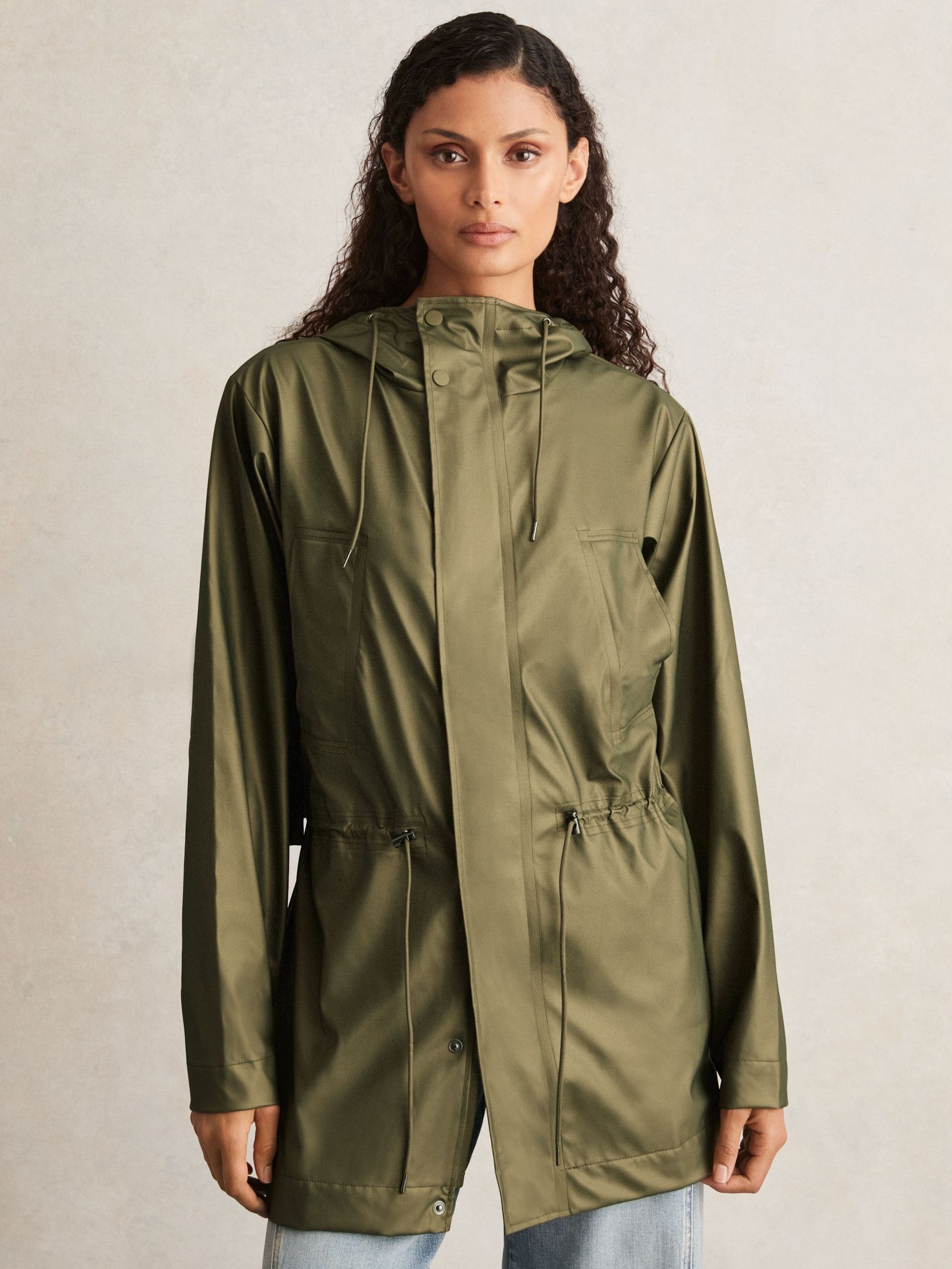Rains Long Hooded Jacket in Revel Brass Green (F23374) | US$245