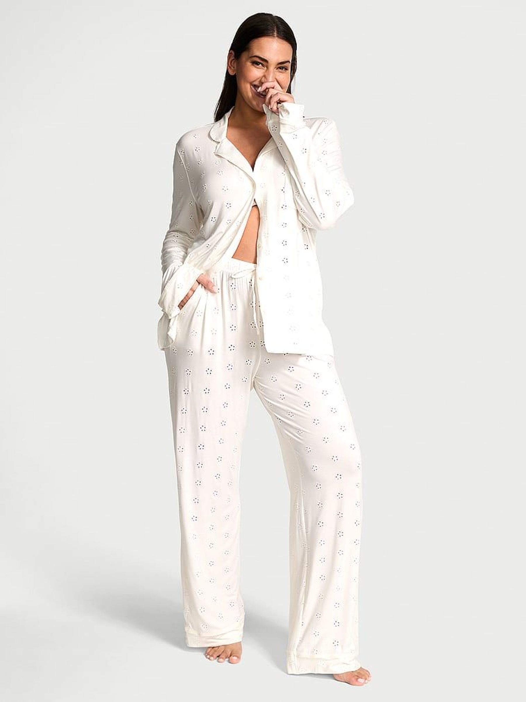 Coconut White Eyelet Modal Long Pyjama Set (F23640) | €79