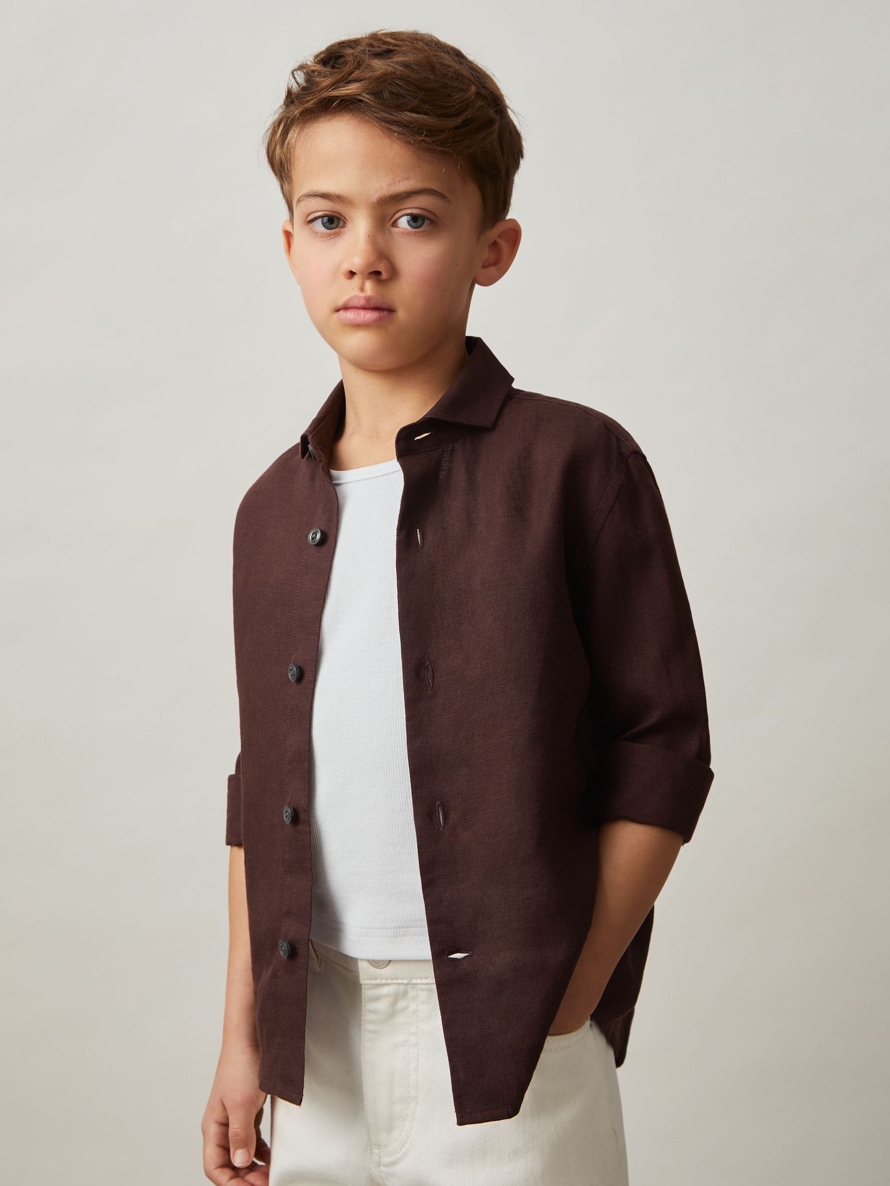 9-13 yrs Linen Cutaway Collar Shirt in Dark Brown (F24387) | $70