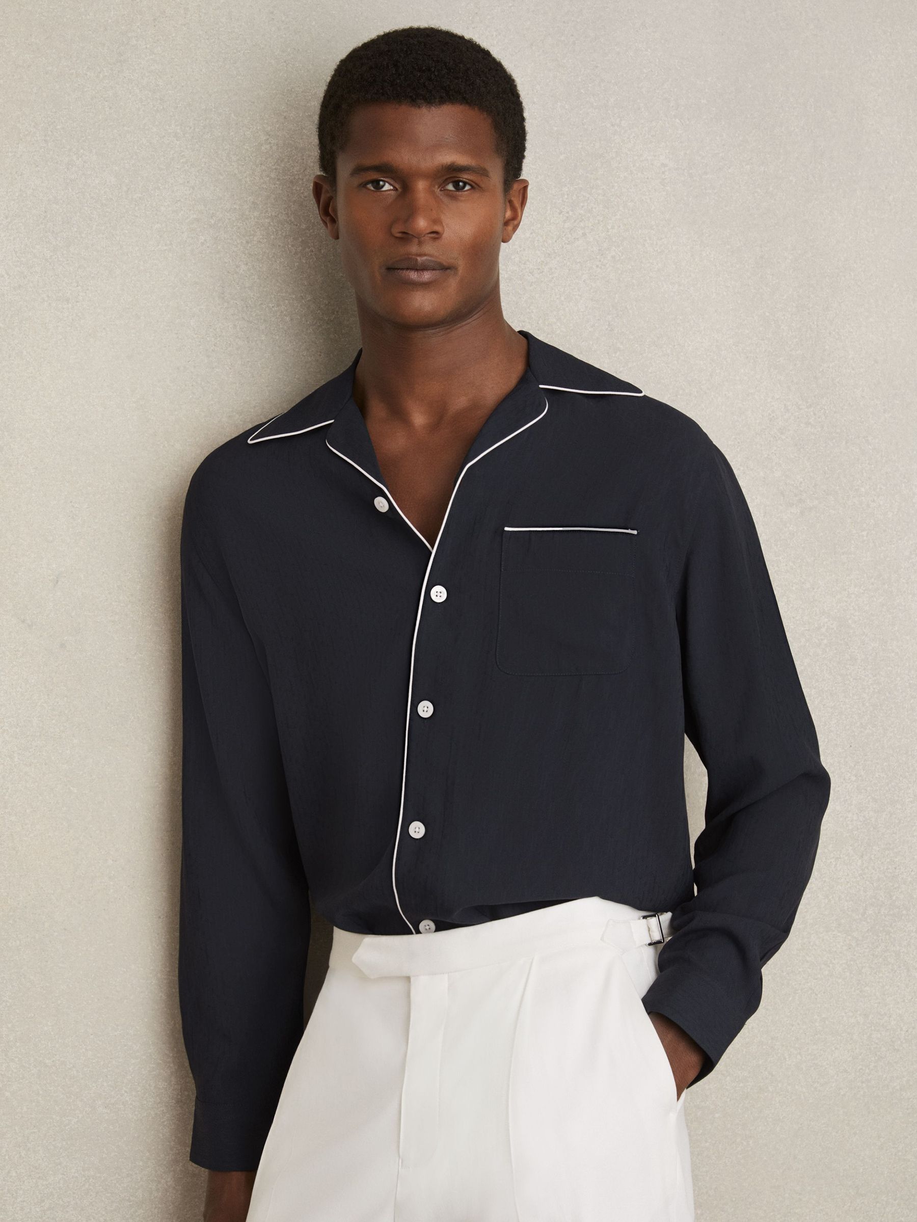 Cuban Collar Shirt with Piping Detail Shirt in Navy (F24388) | US$215