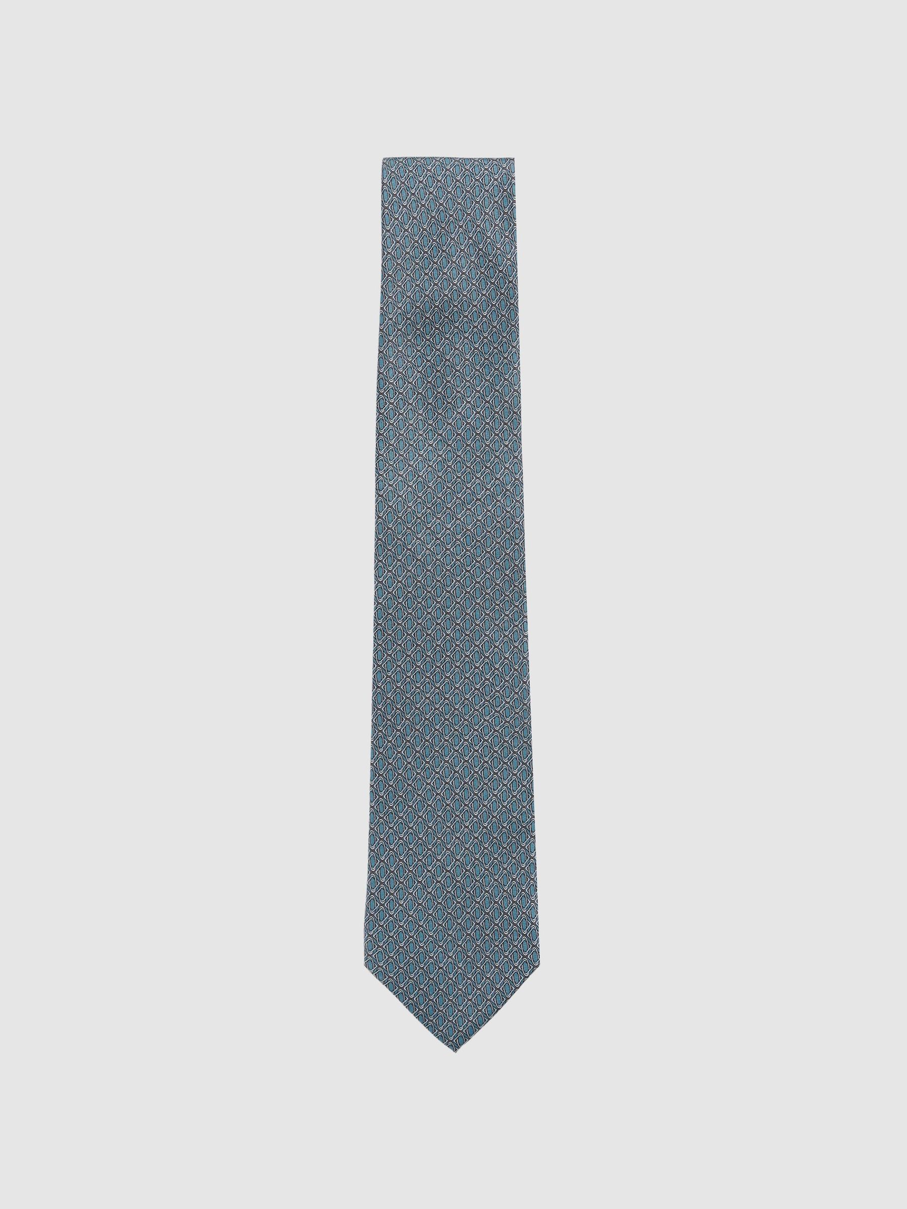 Silk Geometric-Print Tie in Soft Blue (F24390) | US$110
