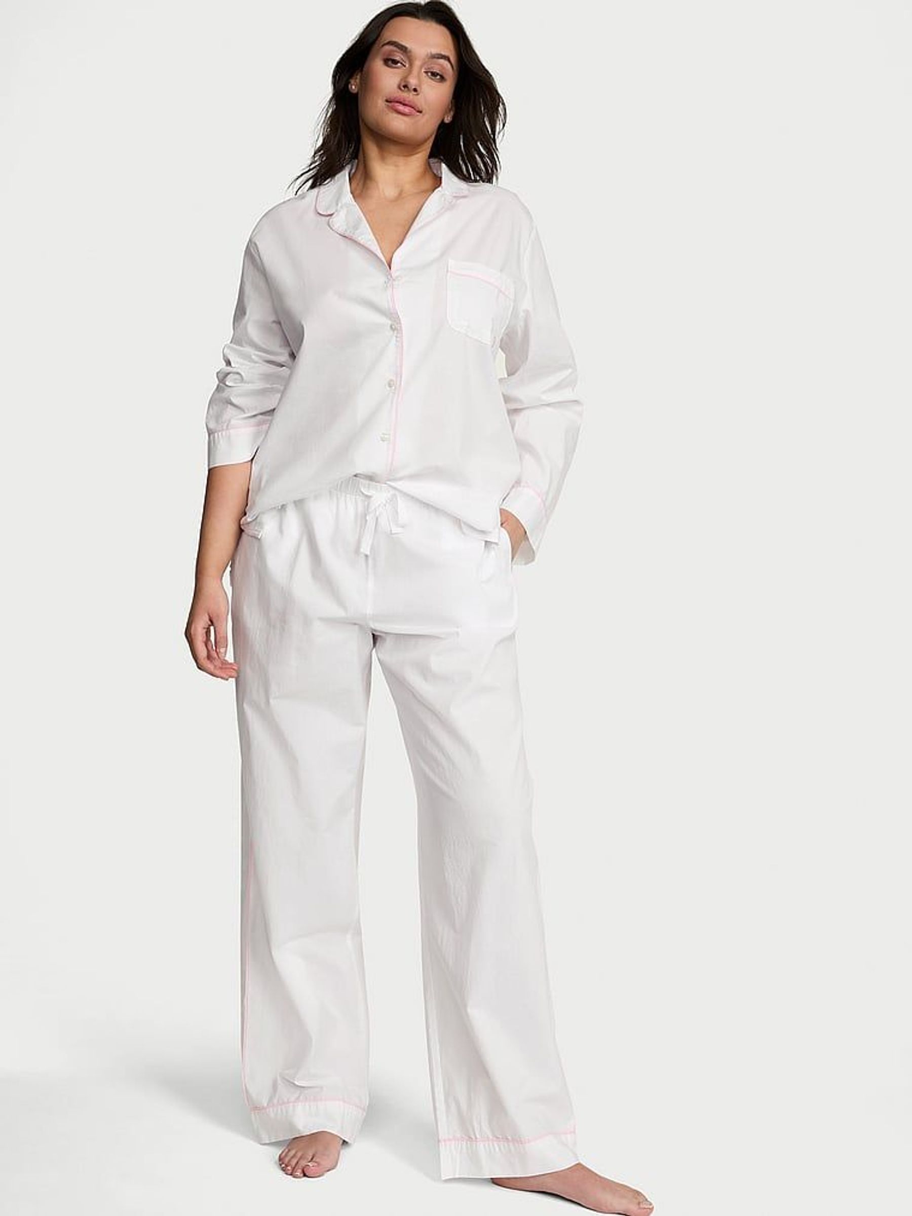 White With Pink Piping Cotton Long Pyjama Set (F24429) | €56