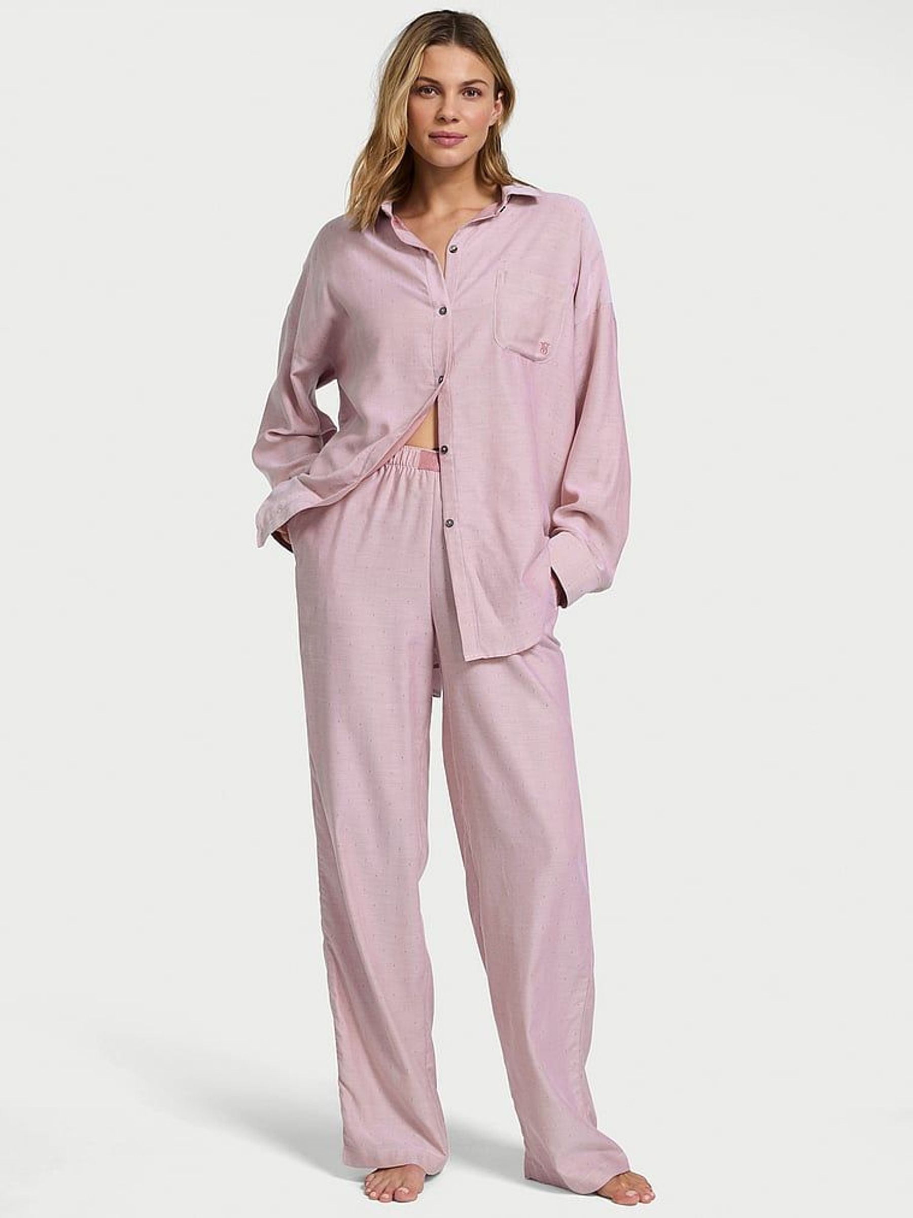 Rose Pink Herringbone Cotton Modal Long Pyjama Set (F24432) | €68