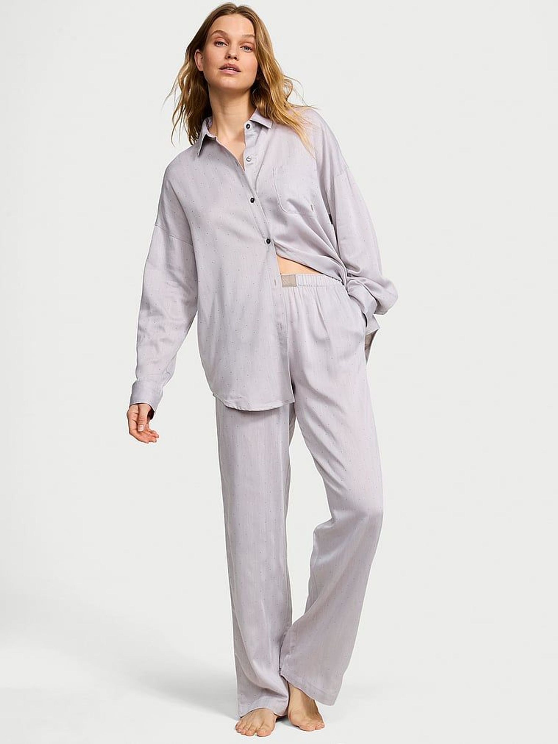 Dove Grey Herringbone Cotton Modal Long Pyjama Set (F24434) | €68