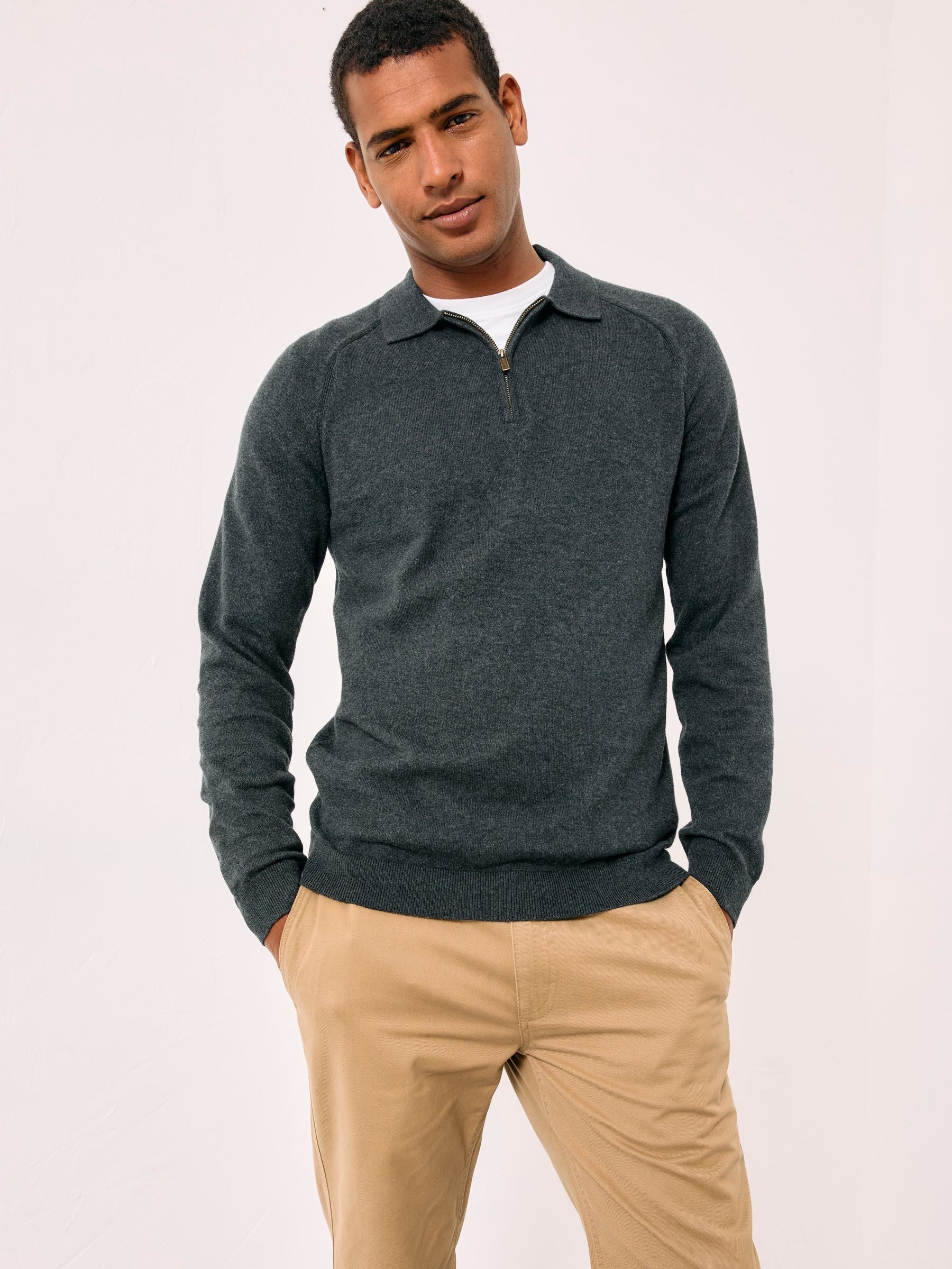 Rye Charcoal Grey Zip Collar Knitted Polo Jumper (F26074) | $85