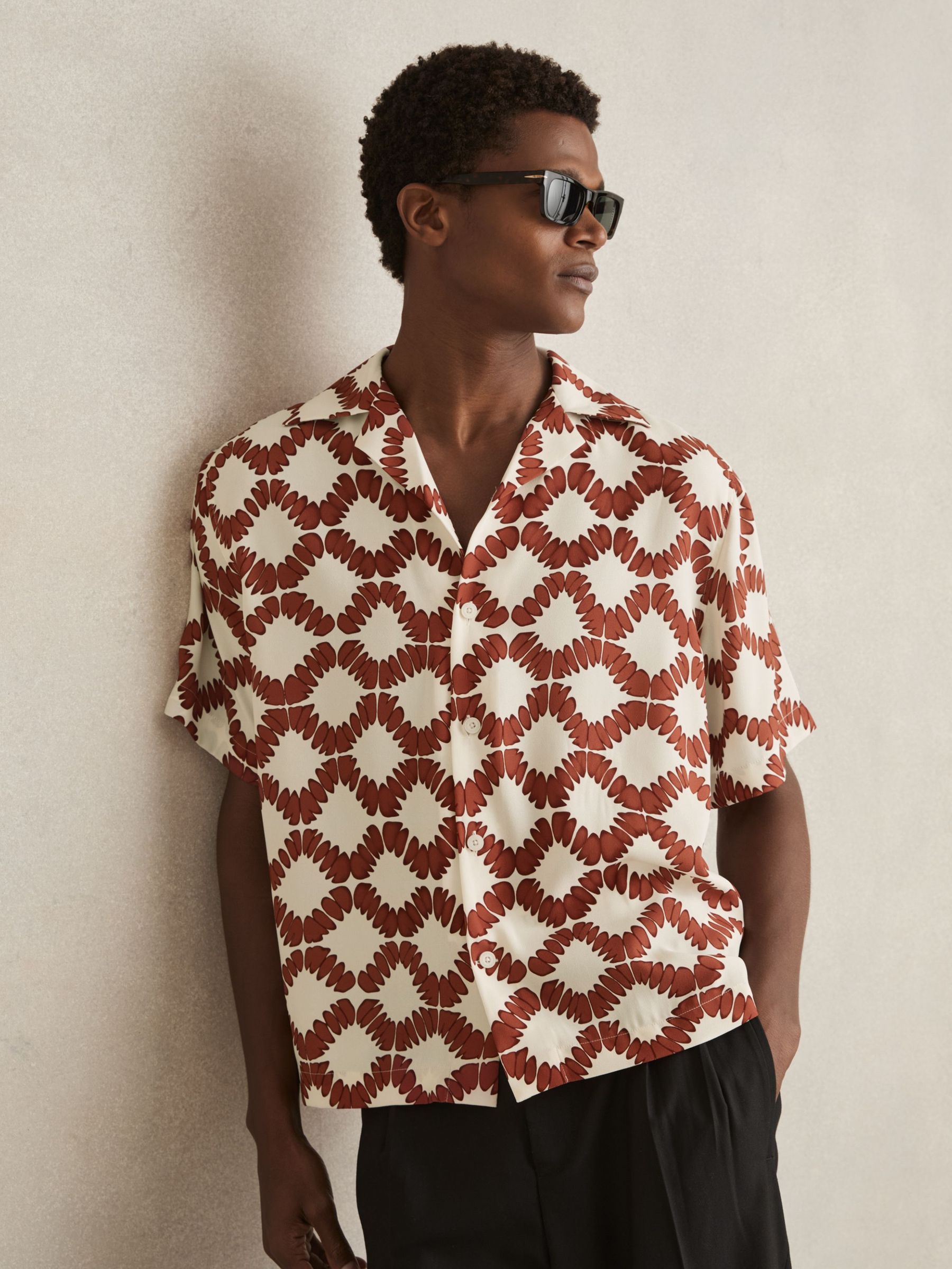 Abstract Floral Print Cuban Shirt in Off White/Rust (F26773) | US$180