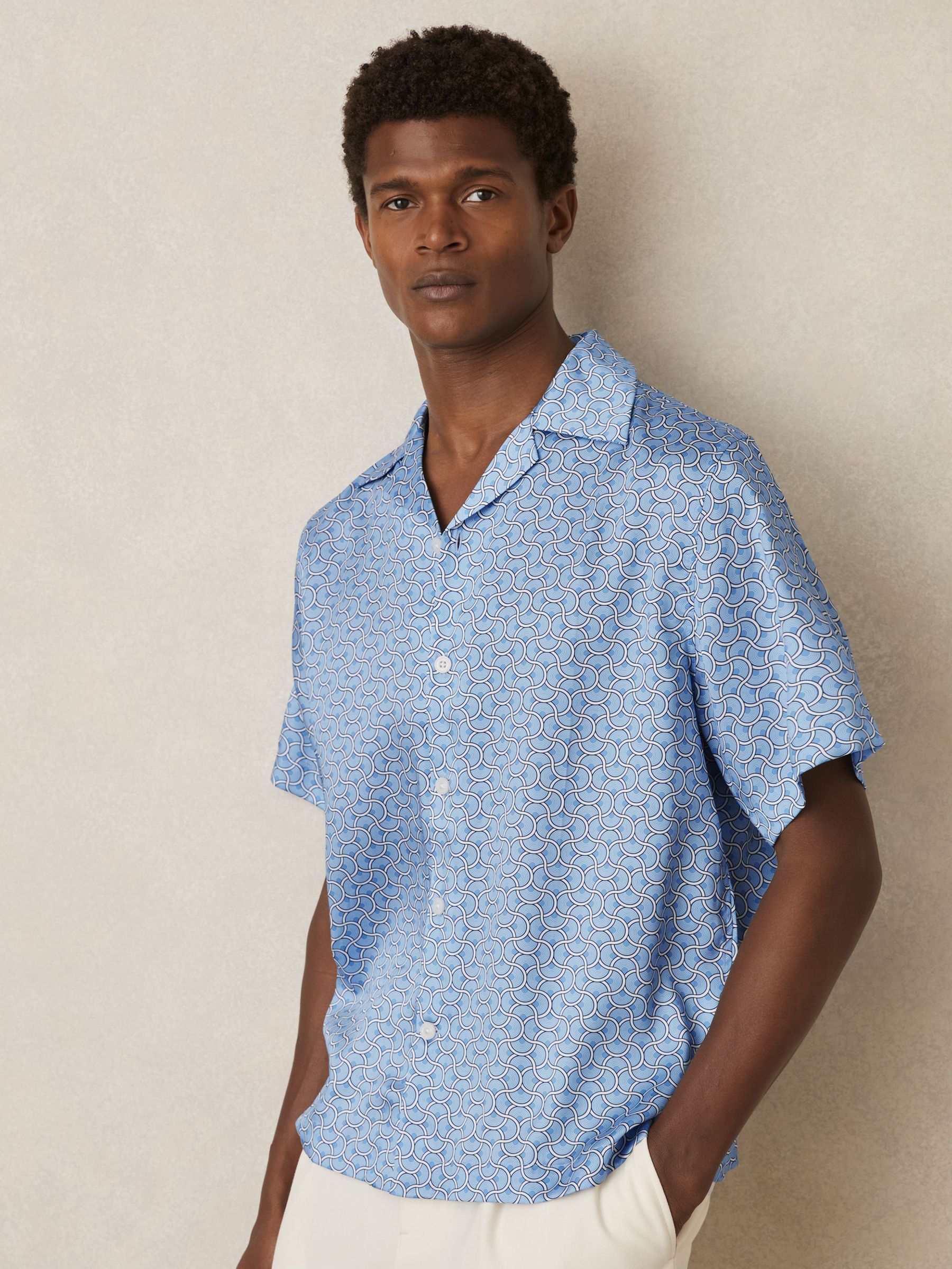 Geometric Wave Print Cuban Shirt in Soft Blue (F26774) | €140