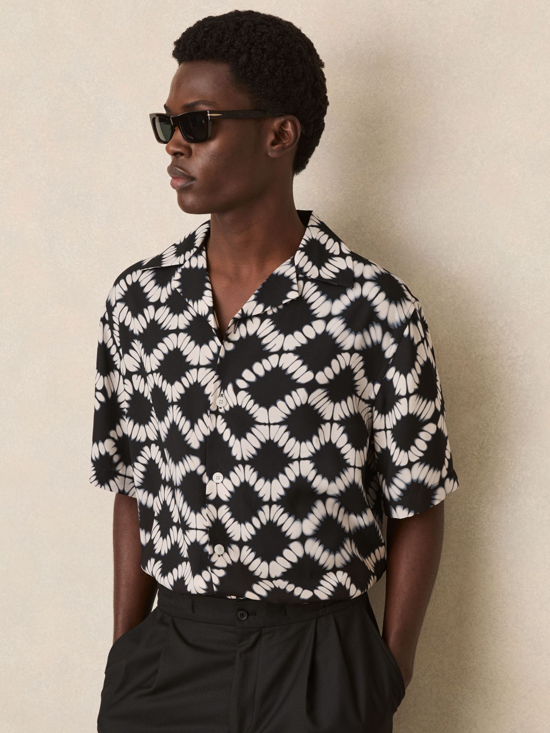 Abstract Floral Print Cuban Shirt in Black Multi (F26783) | €145