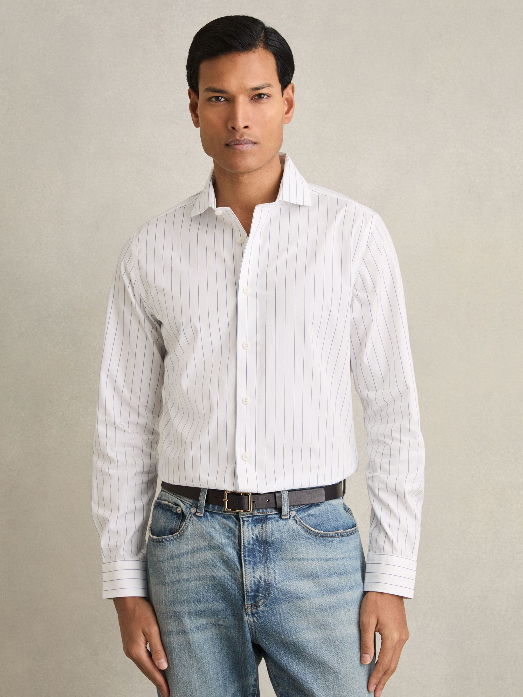 Cotton Cutaway-Collar Stripe Shirt in Blue/White (F26784) | €140