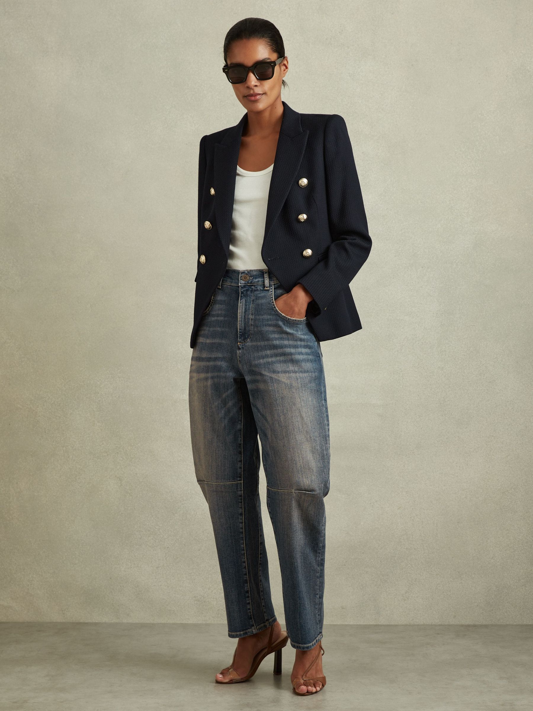 Petite Barrel-Leg Dart Jeans in Mid Blue (F27870) | US$225