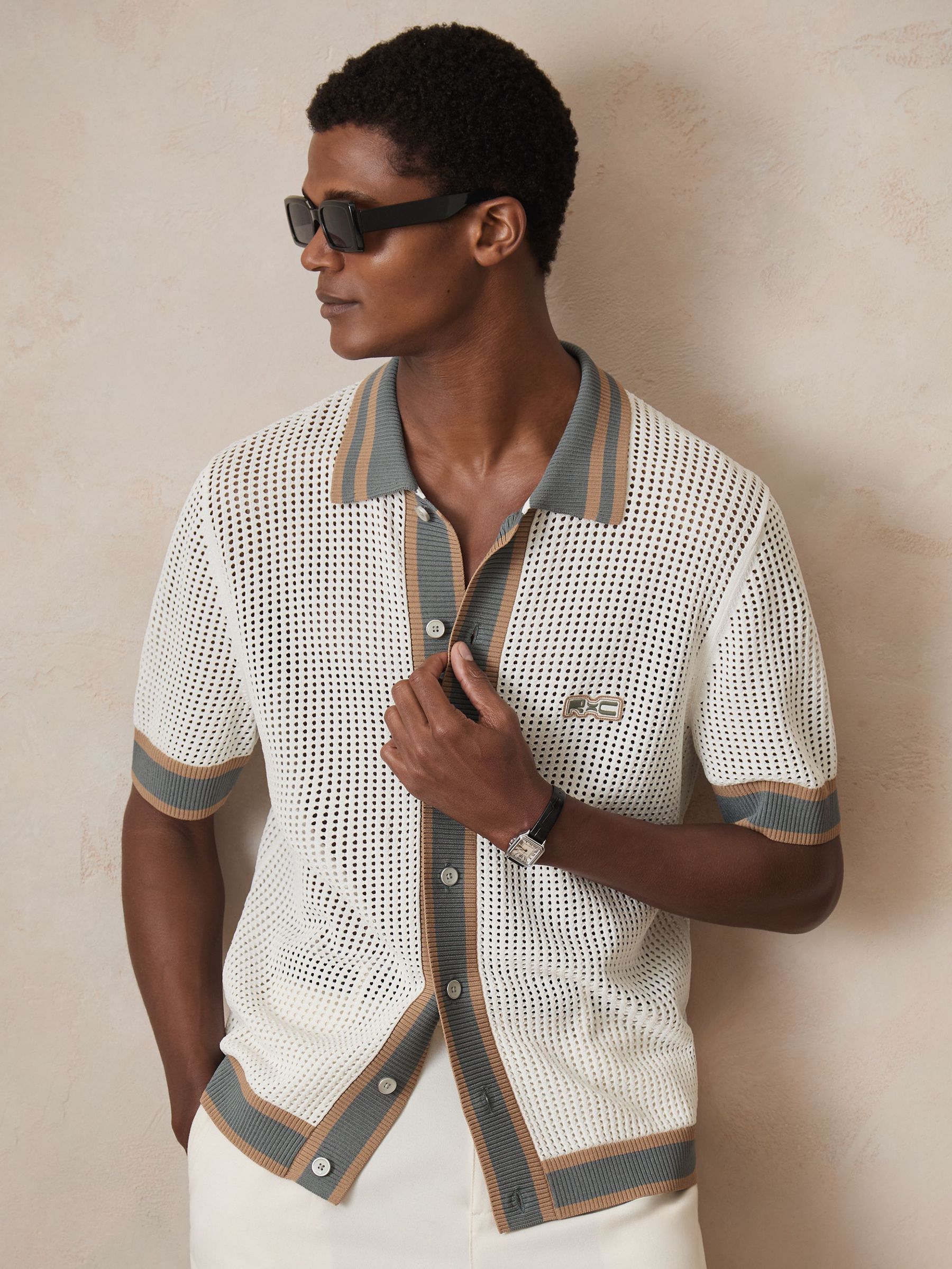 Reiss | Ché Crochet Tipped Shirt in White (F27874) | CA$230