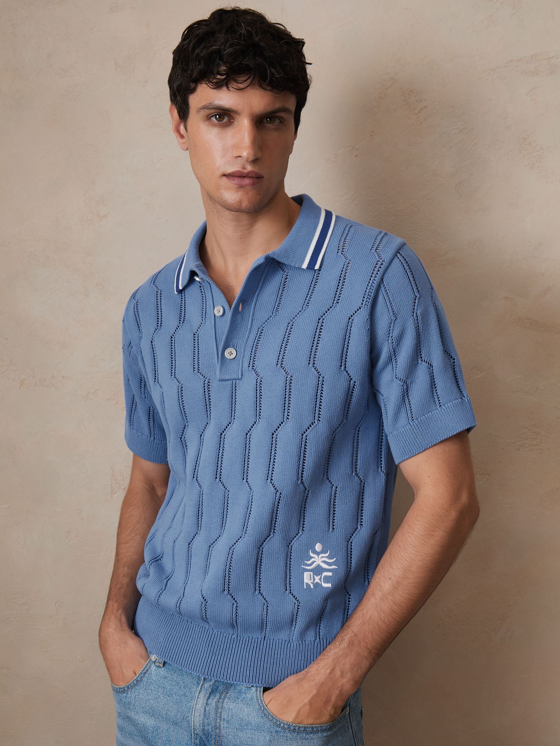 Reiss | Ché Cotton Pointelle Polo Shirt in Blue (F27885) | €145