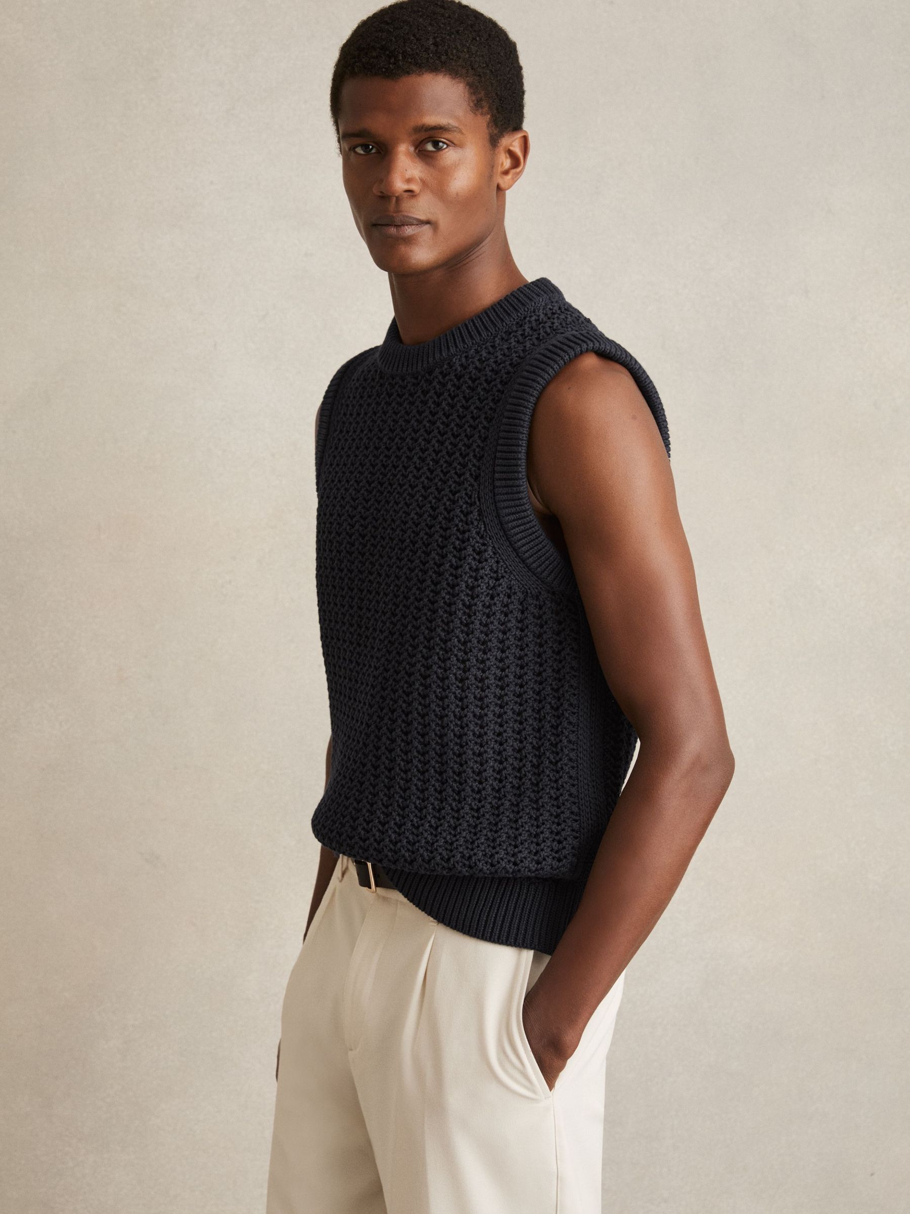 Cotton-Blend Crochet Vest in Navy (F27956) | US$180