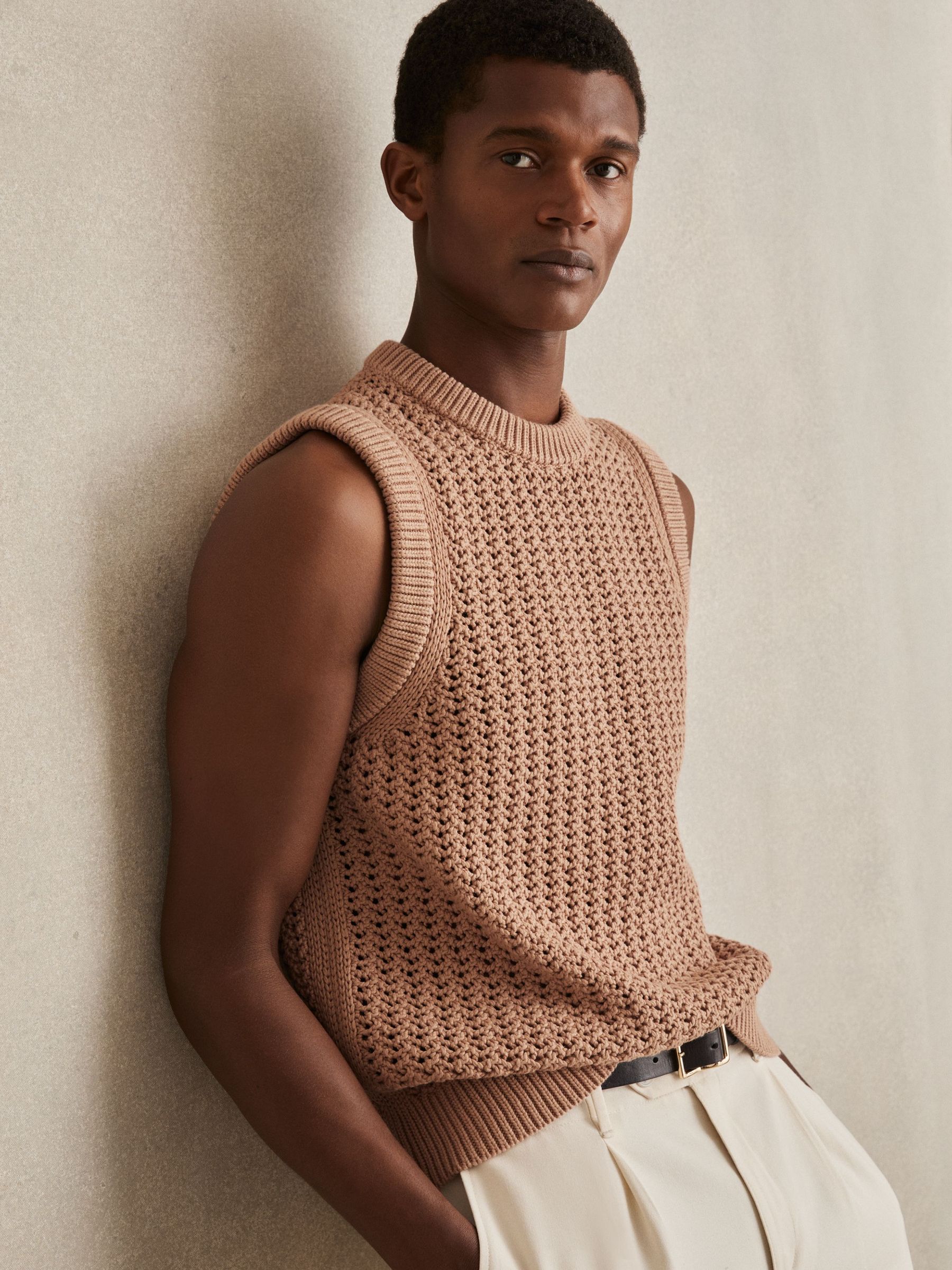 Cotton-Blend Crochet Vest in Soft Camel (F27961) | US$180