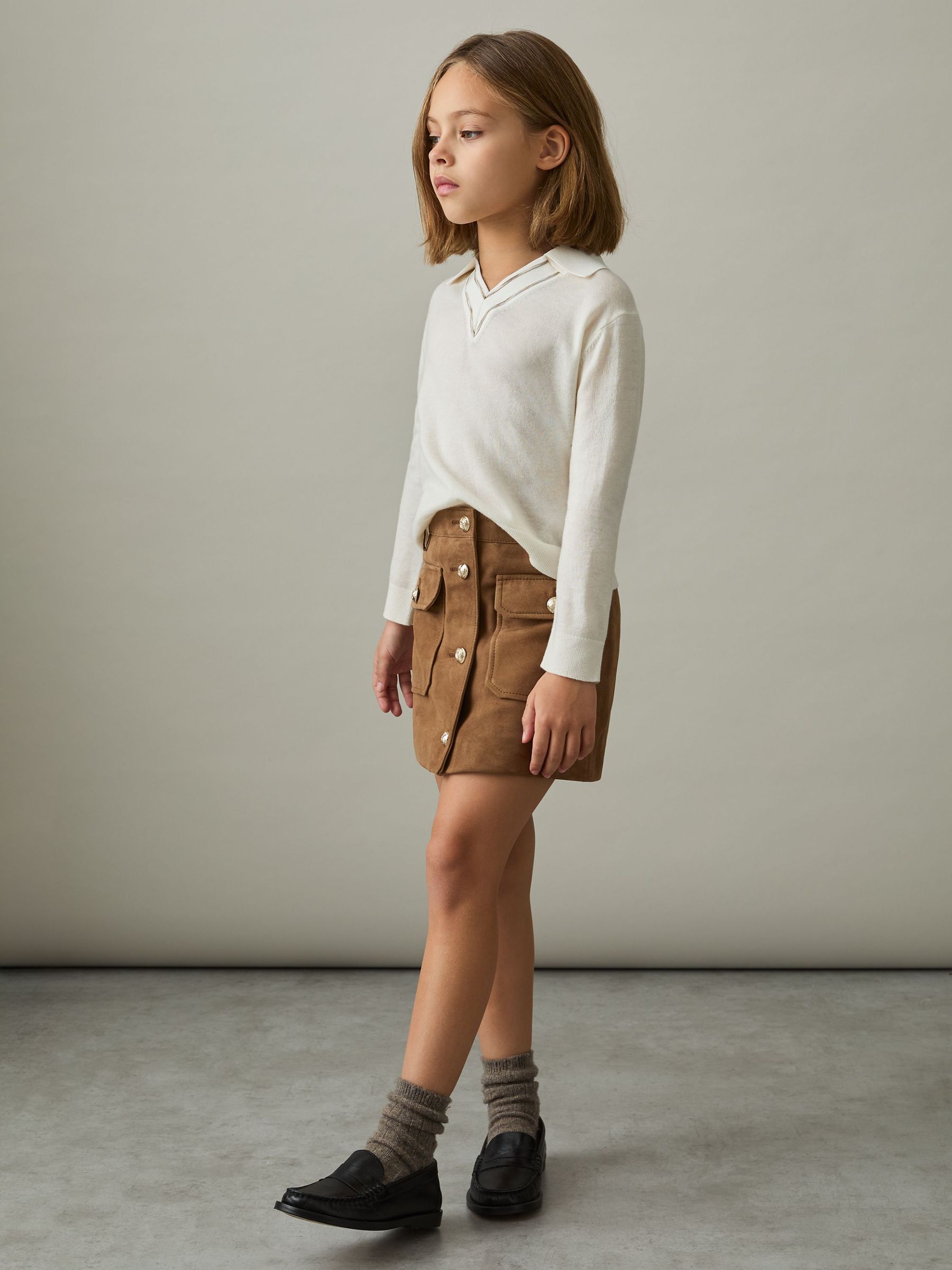 4-9 yrs Suede Flap Pocket Skirt in Tan (F29241) | US$140