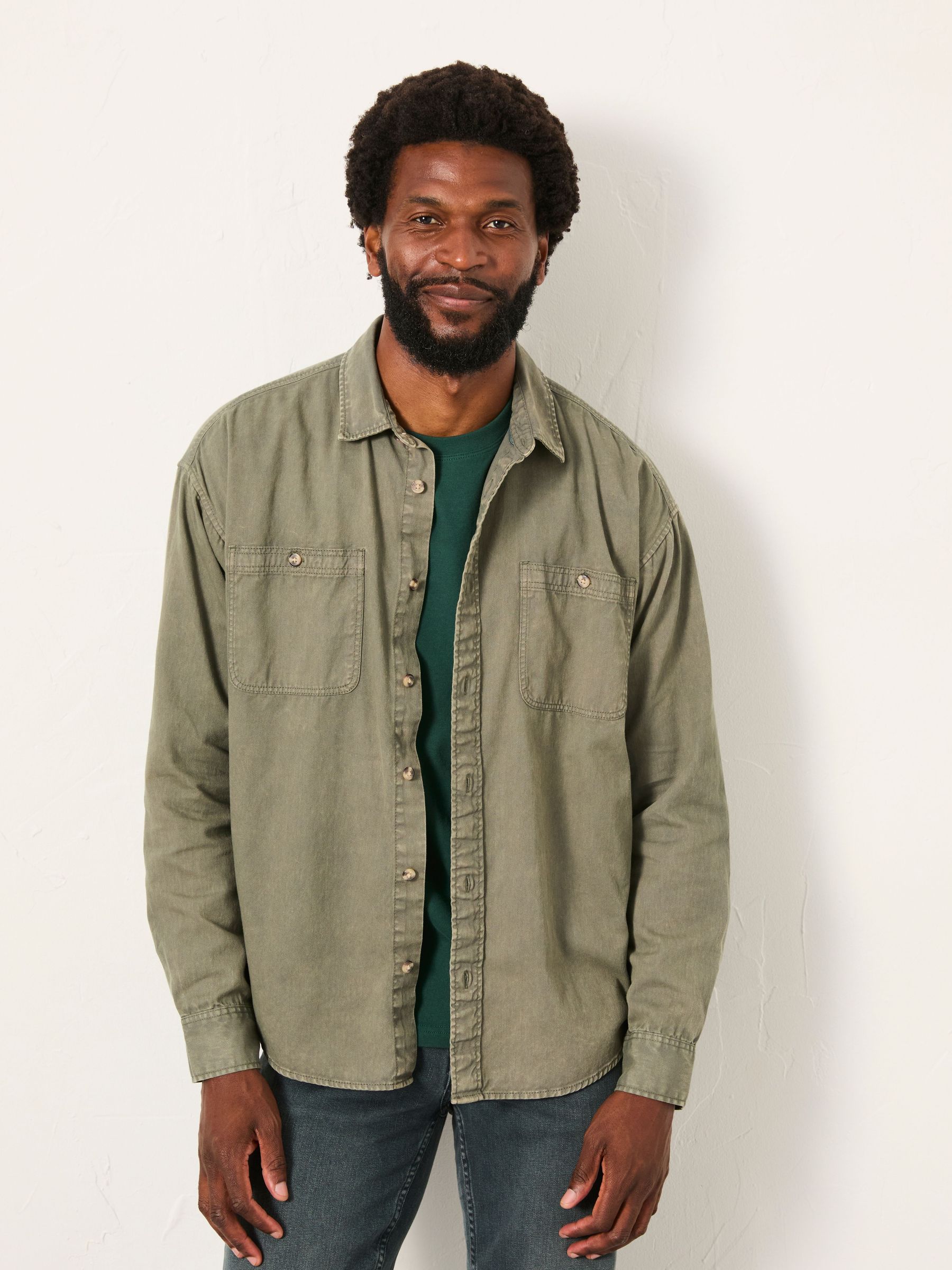 Khaki Green Long Sleeve Relaxed Fit Garment Dye Utility Shirt (F30437) | $105