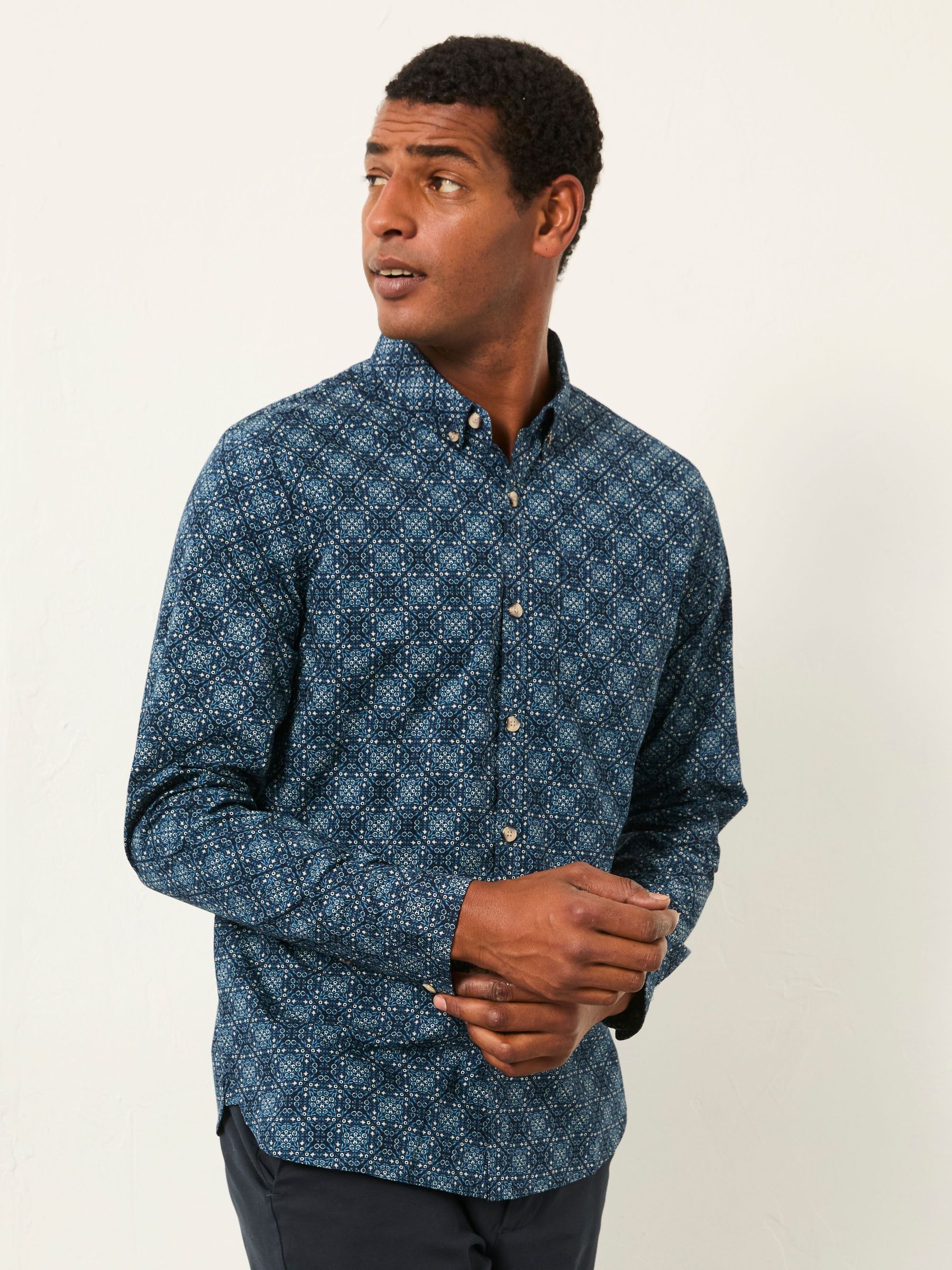 Navy Long Sleeve Tile Print Shirt (F30445) | $105