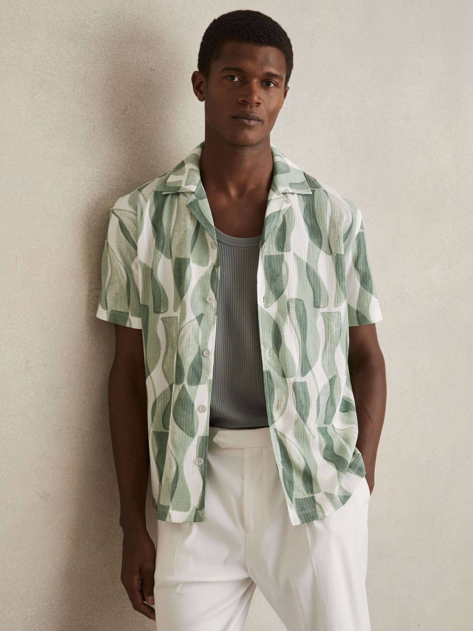 Printed Textured Cuban-Collar Shirt in Sage Green (F30544) | €95