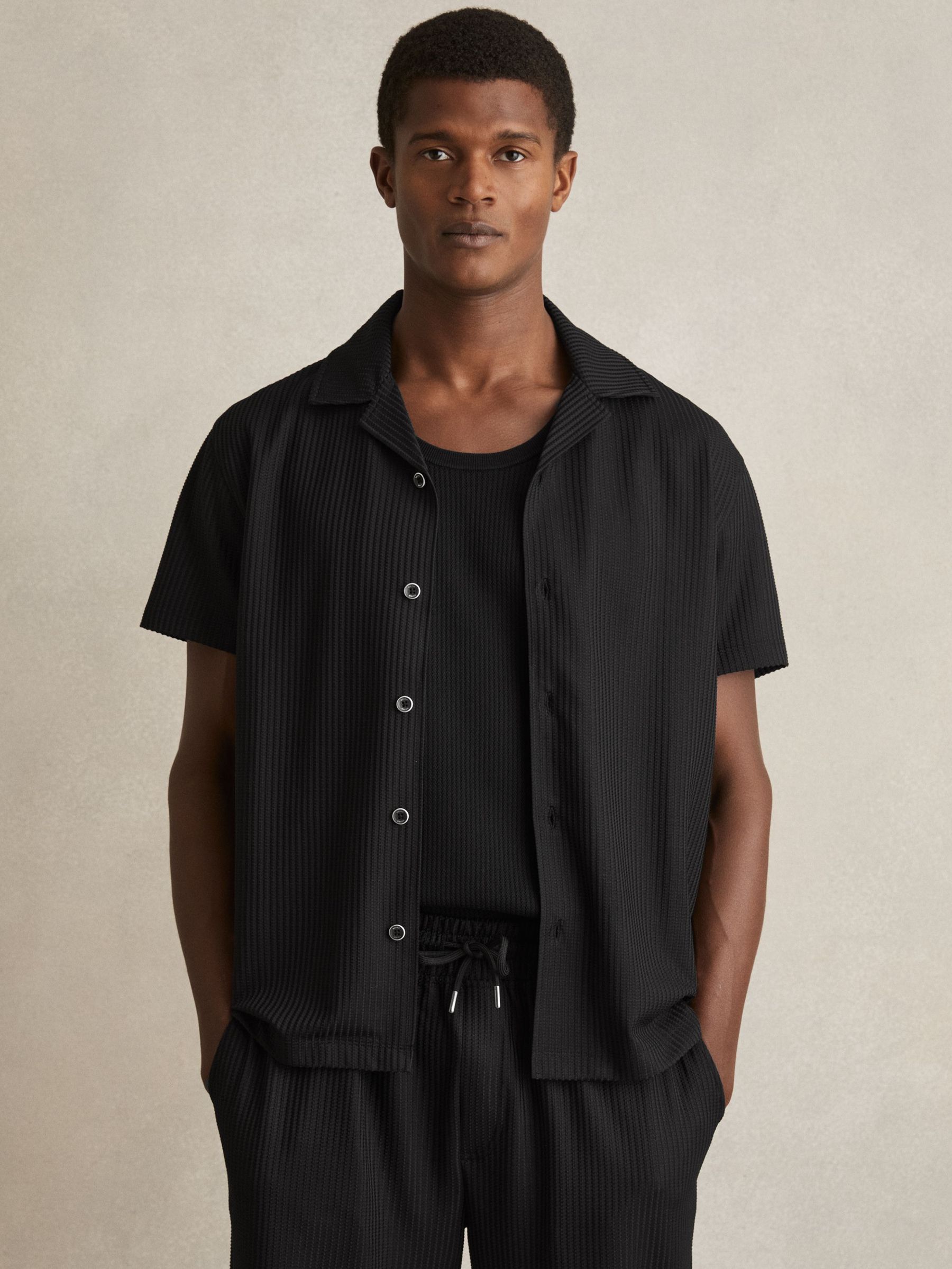 Textured-Knit Cuban-Collar Shirt in Black (F30550) | US$125