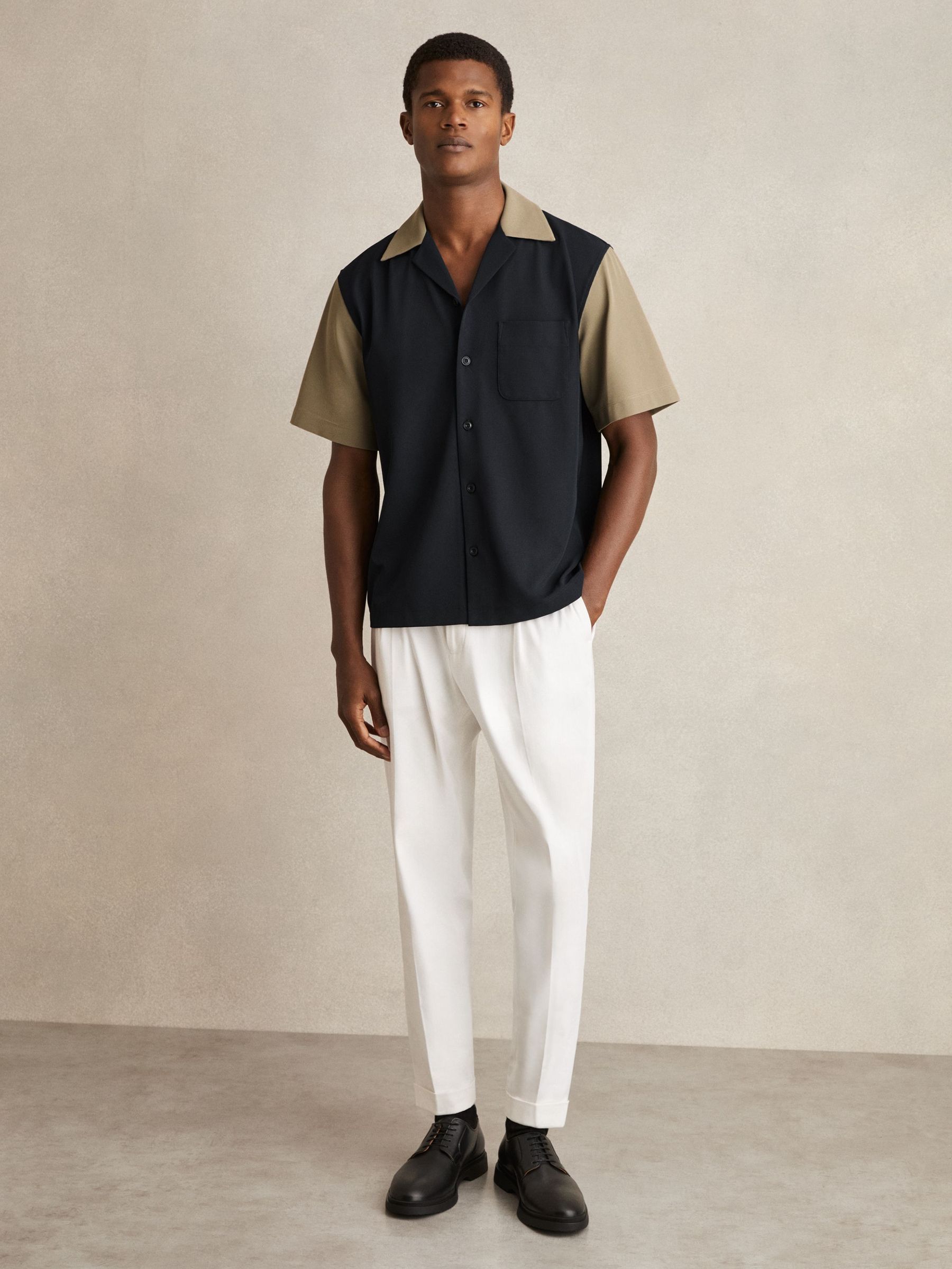 Colour-Block Cuban-Collar Shirt in Navy/Brown (F30555) | US$180