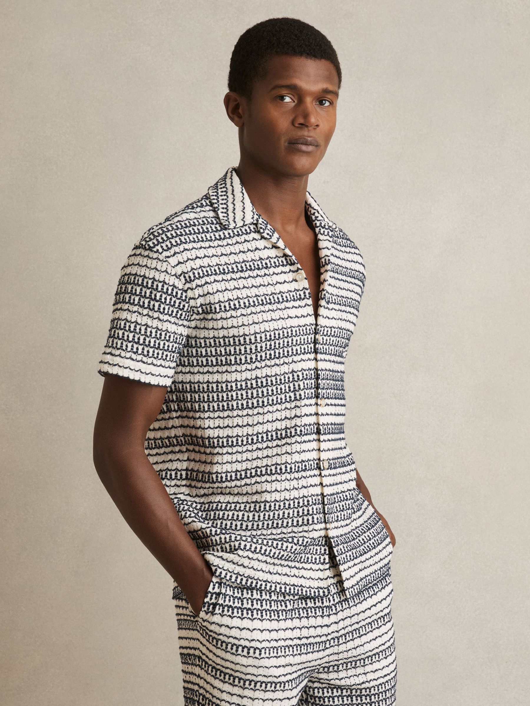Crochet Cuban-Collar Shirt in White/Black (F30562) | €170