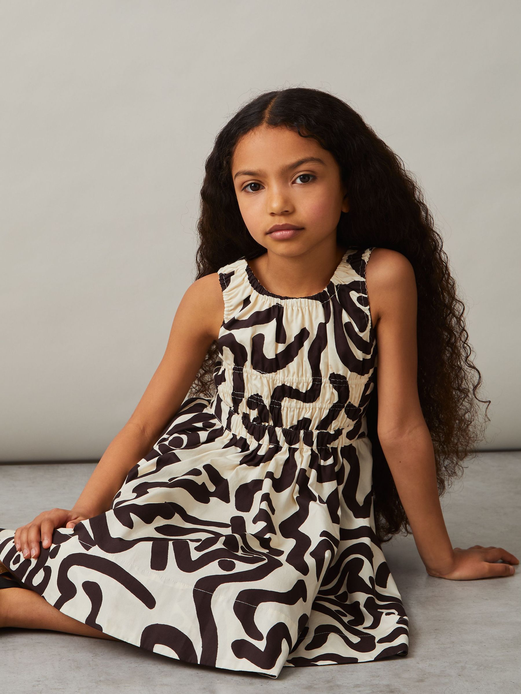 Cotton Shirred Printed Dress in Ivory Print (F30575) | US$95