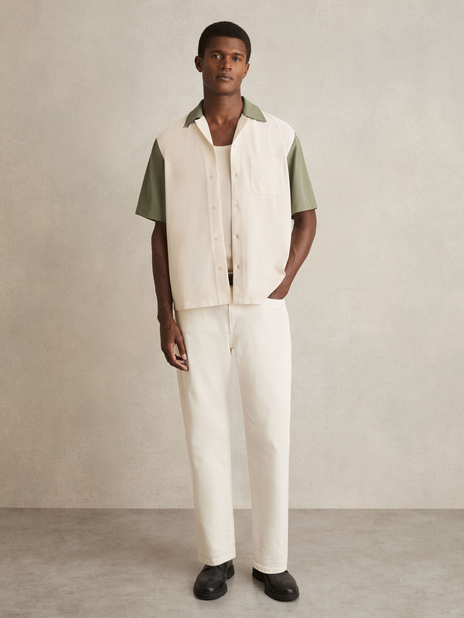 Colour-Block Cuban-Collar Shirt in Off White/Sage (F30578) | US$180