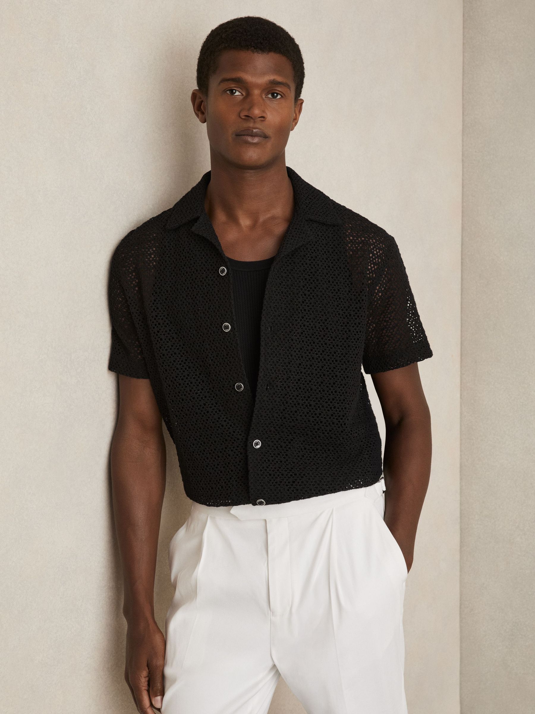 Crochet Cuban-Collar Shirt in Black (F30589) | US$190