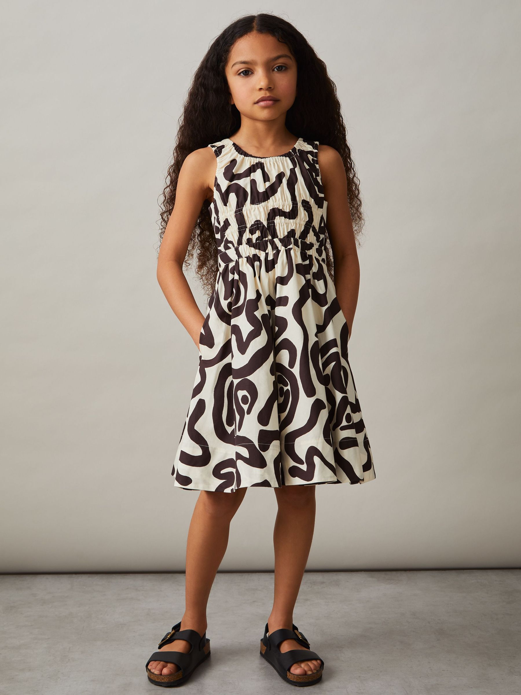Cotton Shirred Printed Dress in Ivory Print (F30593) | €90
